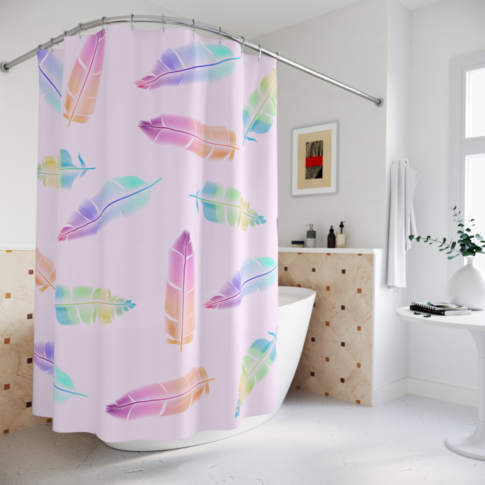 Boho Rainbow Feather Shower Curtain
