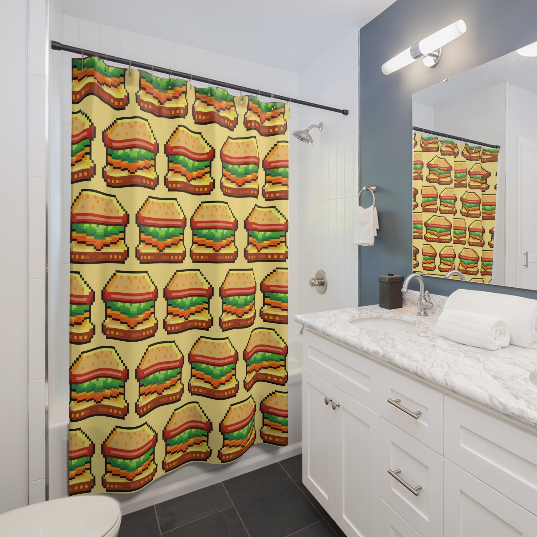 Pixelated Gamer Sandwich Shower Curtain, Fun Decor, Kitchen Theme, Gift for Foodies, Retro Style, Bathroom Accessory