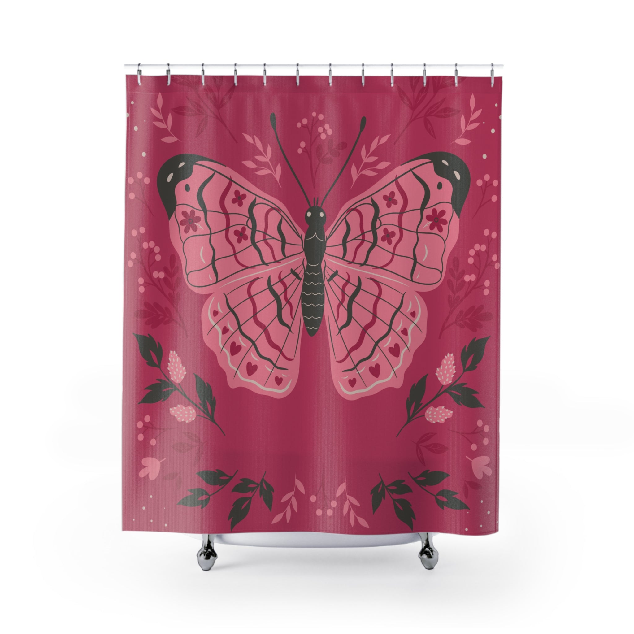Butterfly Garden Shower Curtain, Vibrant Pink Home Decor, Bathroom Accessories, Floral Design, Nature Lover Gift