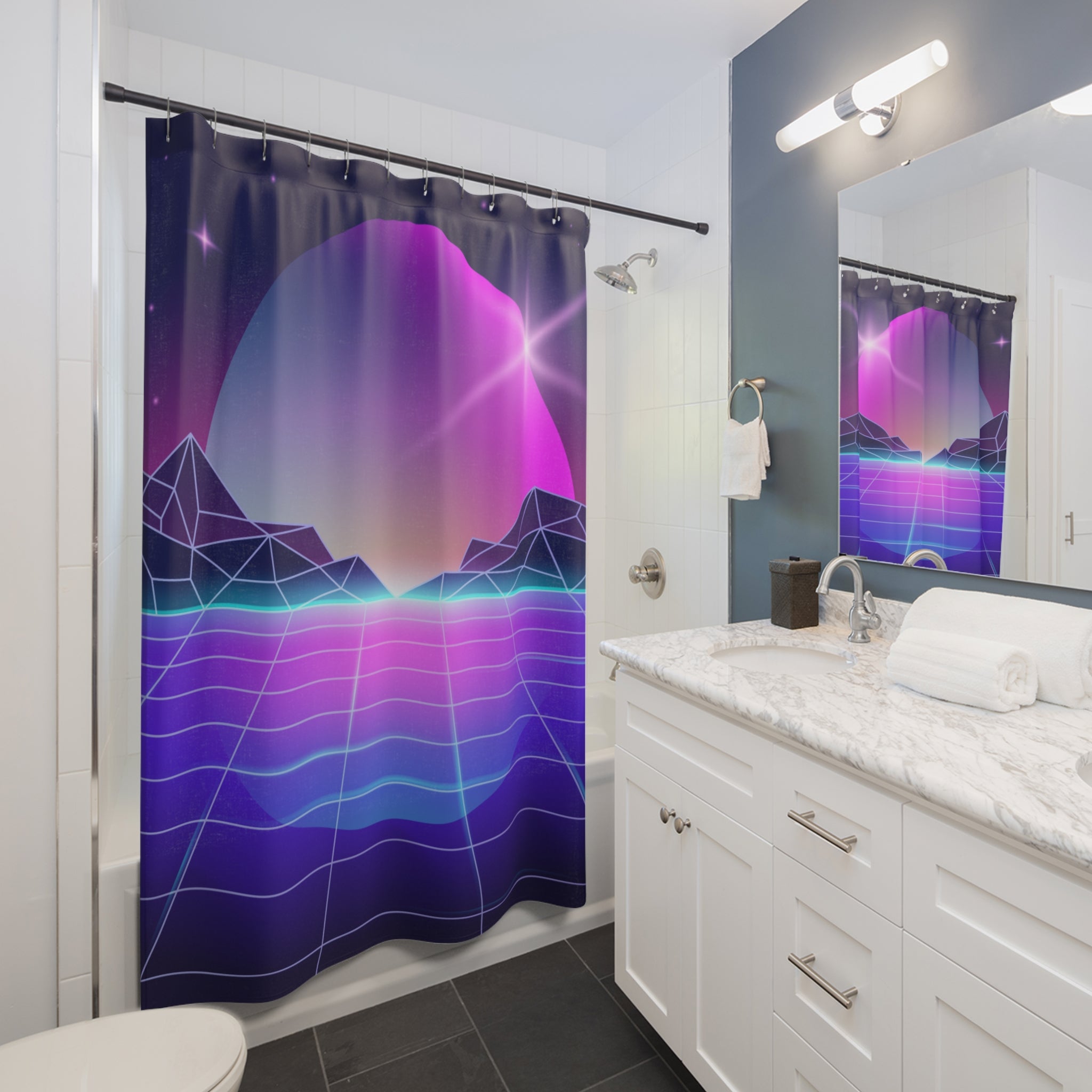 Retro Futuristic Shower Curtain with Cosmic Landscape, Bathroom Decor, Boho Home, Vintage Style, Gift for Nature Lovers