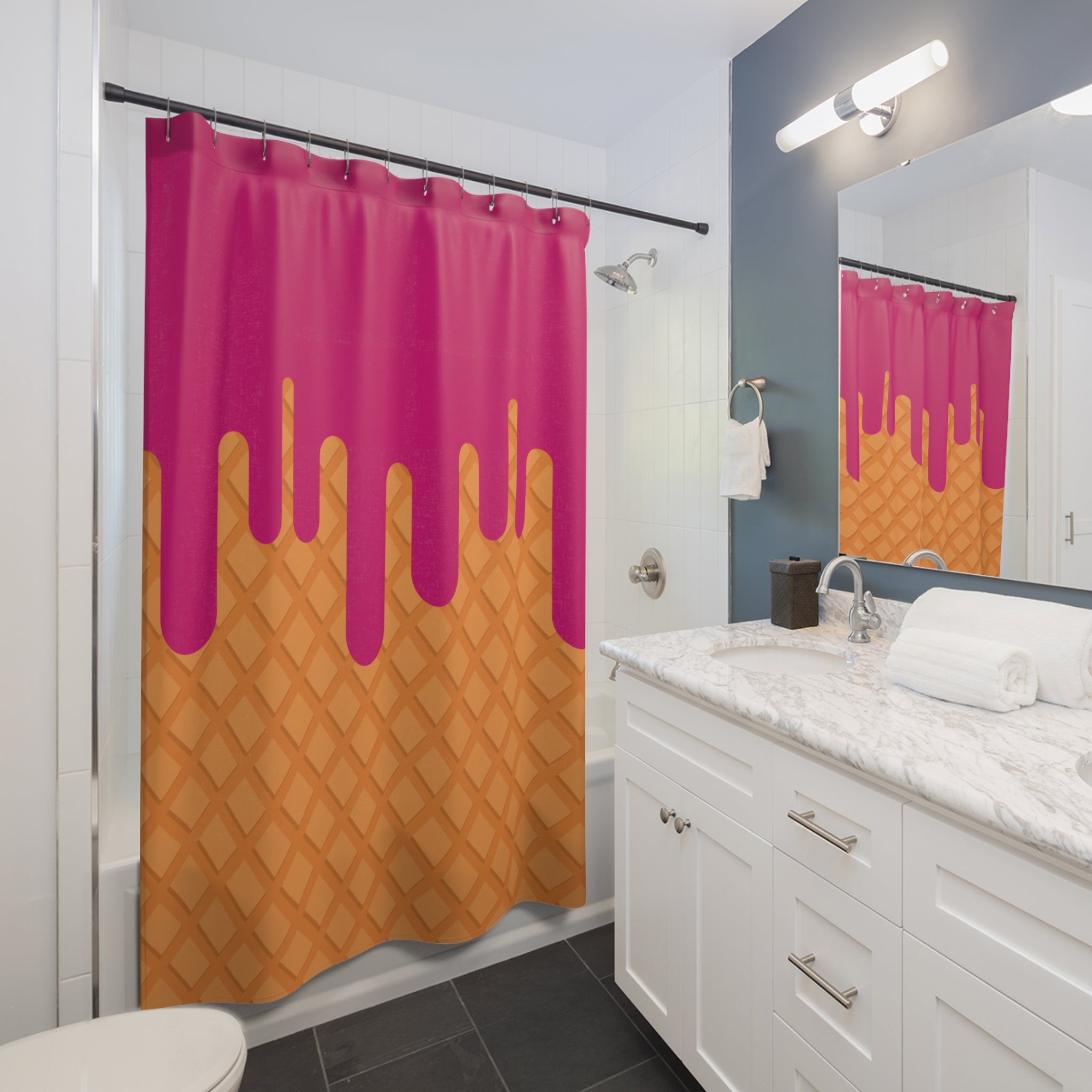 Colorful Dripping Strawberry Ice Cream Cone Shower Curtain - Fun Bathroom Decor, Summer Vibe, Kids' Room, Gift for Ice Cream Lovers, Unique Home Accessory