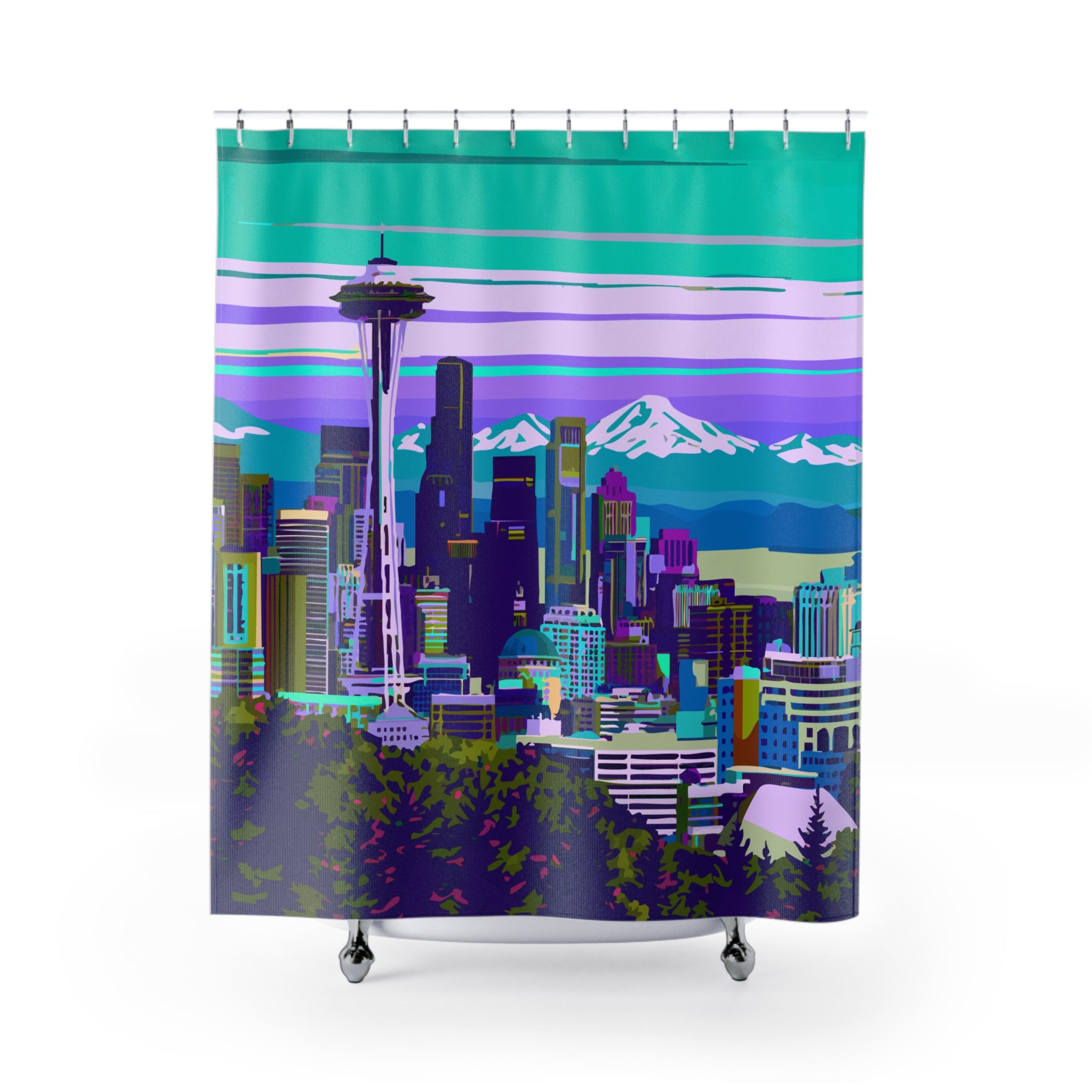 Seattle Greenish Skyline Design Shower Curtain