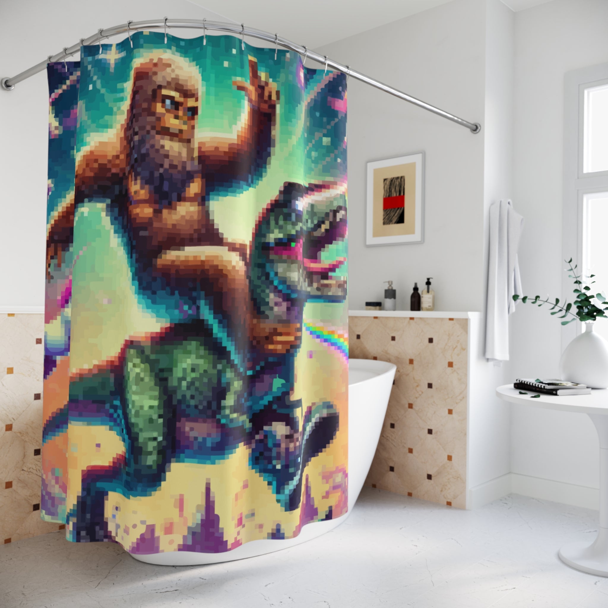Pixelated Sasquatch Riding Dinosaur Shower Curtain