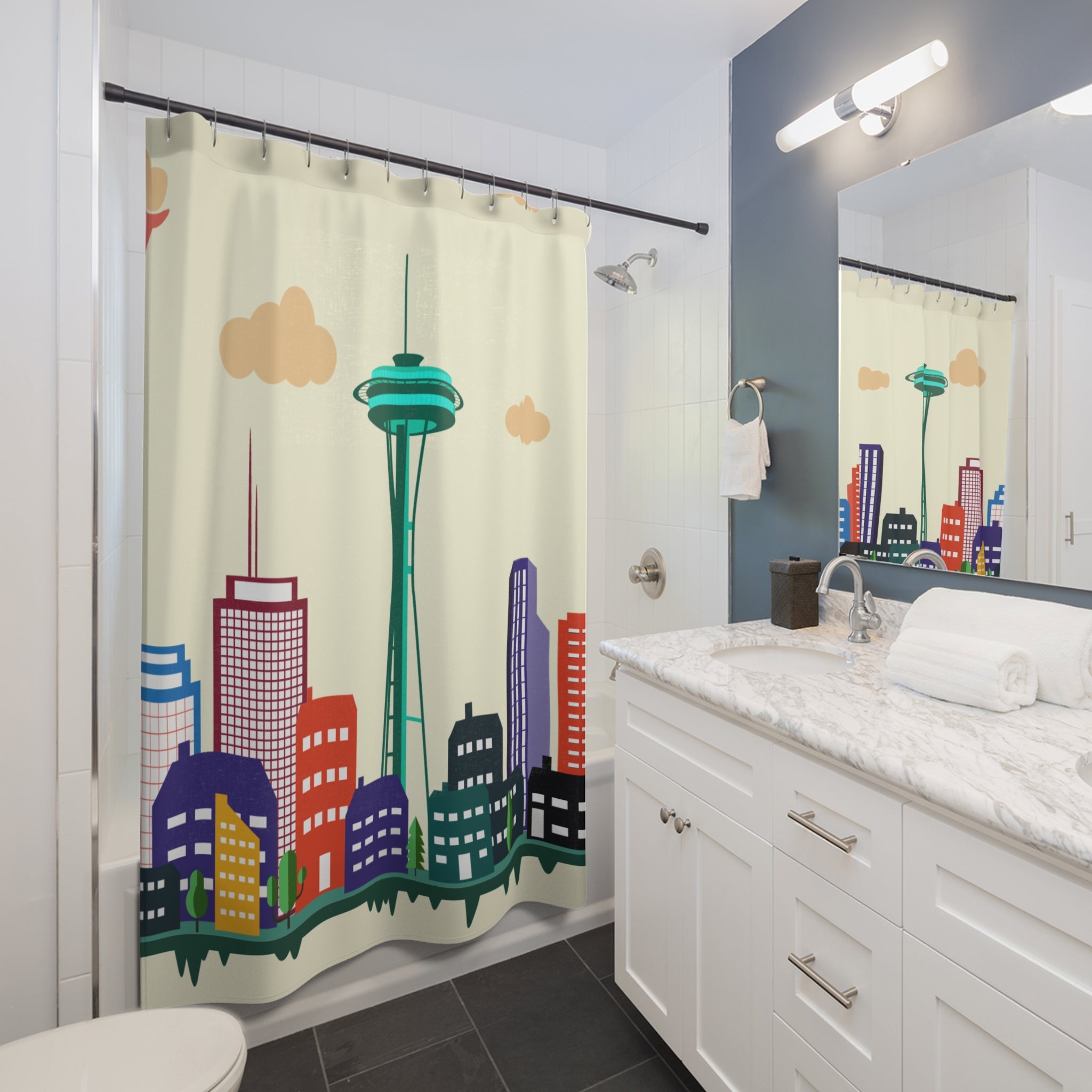 Seattle Skyline Shower Curtain, Colorful Cityscape Bathroom Decor, Urban Art, Home Gift, Modern Bathroom Accessory