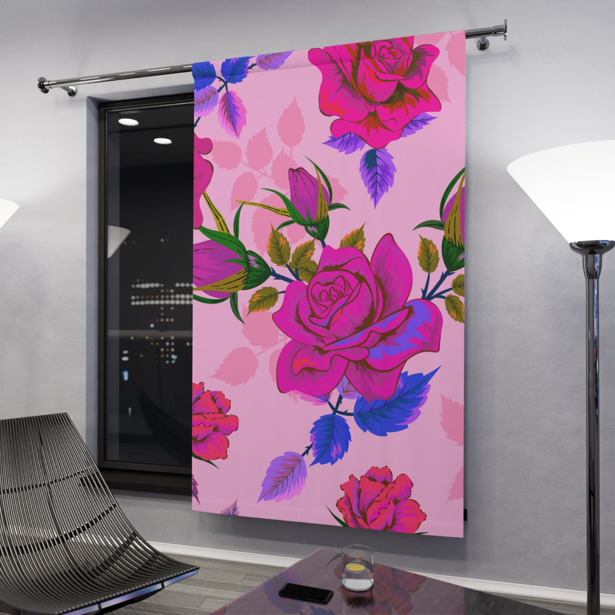 Rosey Sister Neon Floral Pattern Blackout Window Curtain