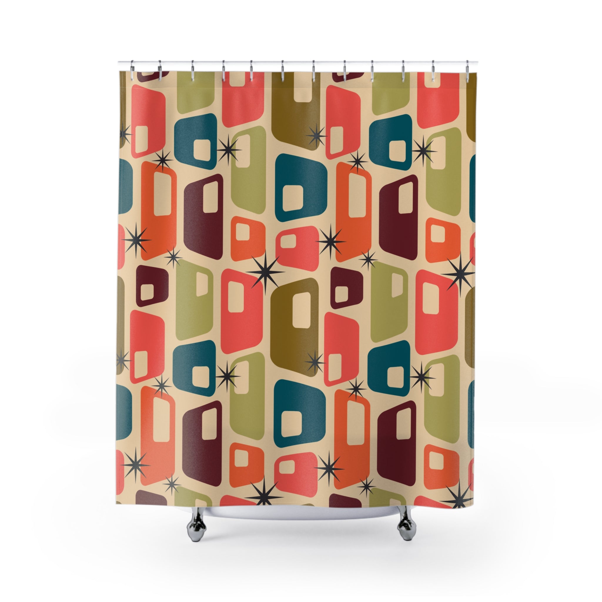 Retro Hanna Geometric Shower Curtain, Mid-Century Decor, Bathroom Makeover, Colorful Bath Accessory, Gift for Homeowners