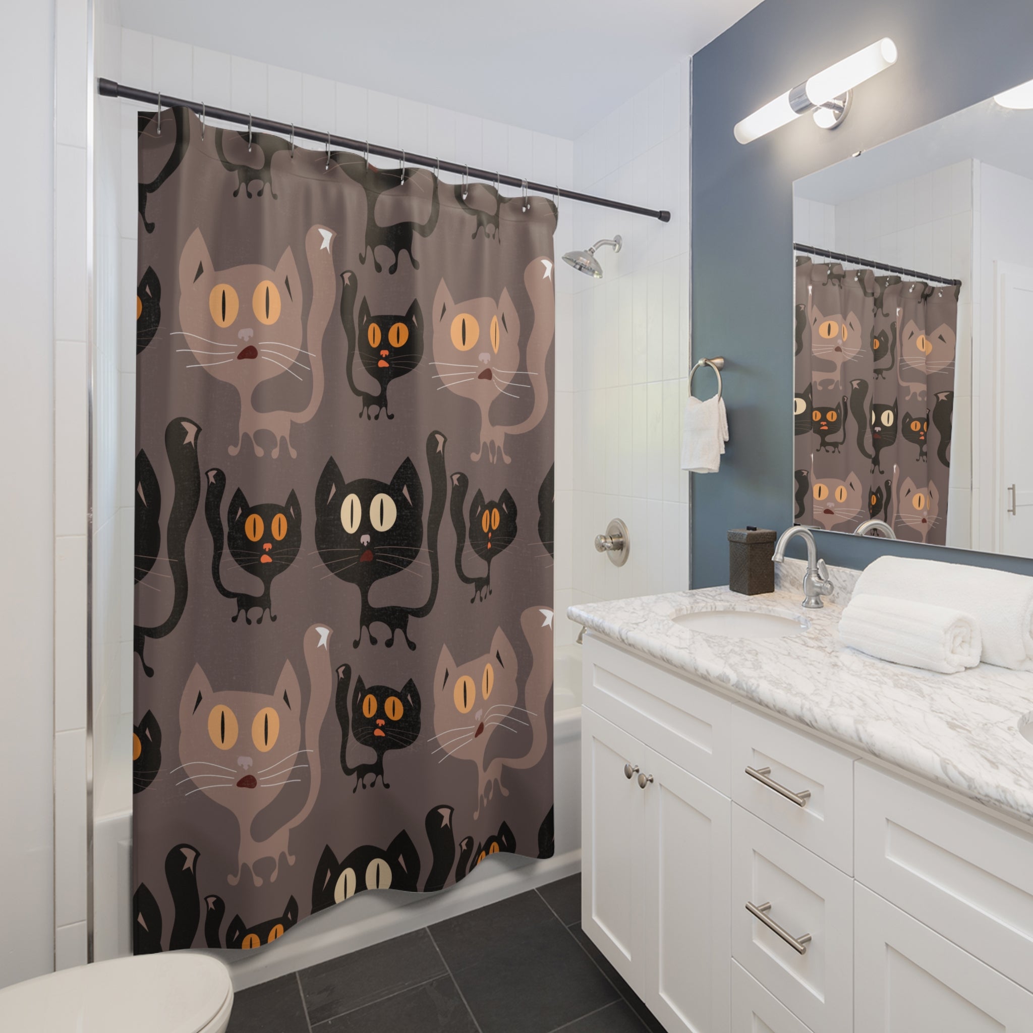 Playful Black Cat Brownish Cat Shower Curtain