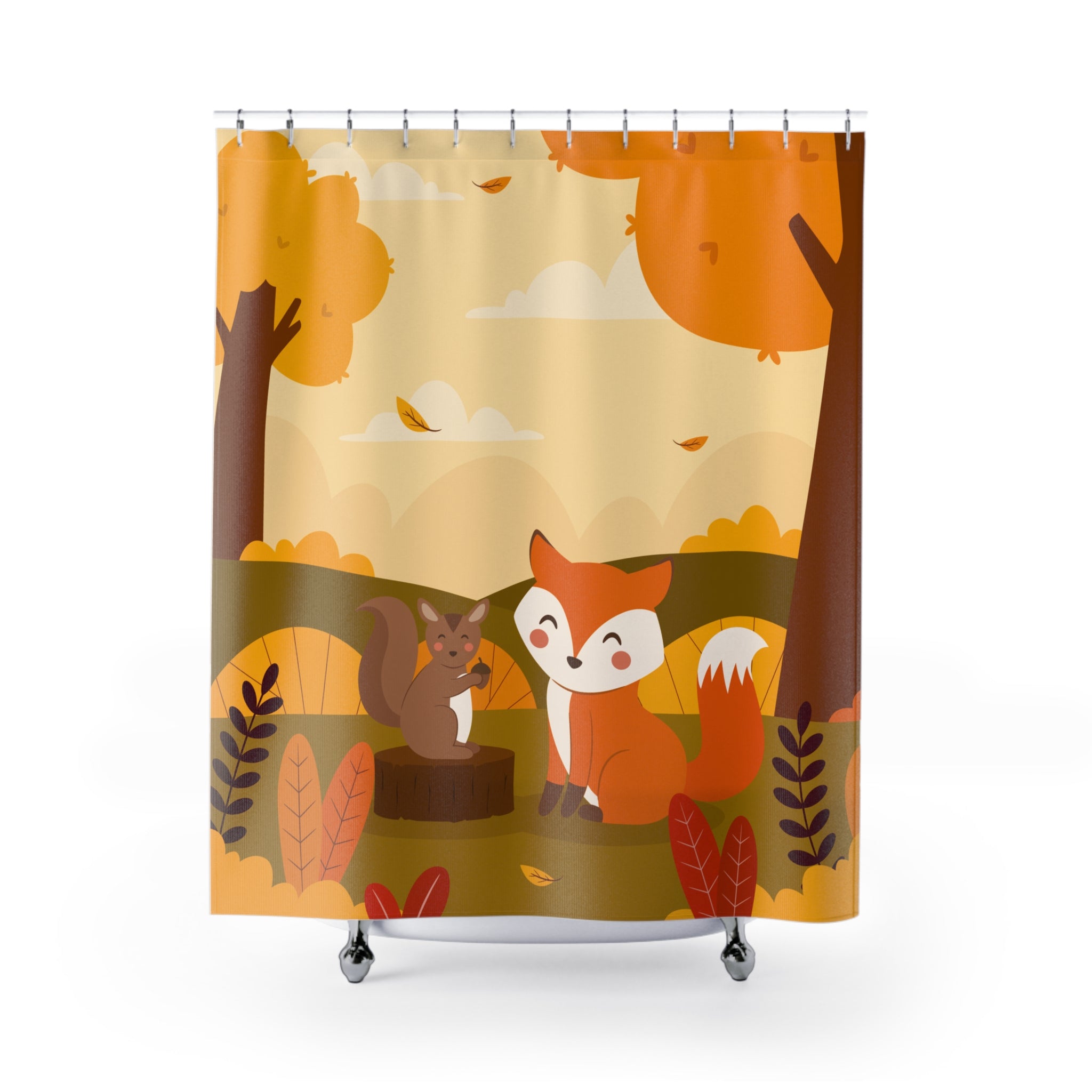 Autumn Forest Shower Curtain with Cute Fox and Squirrel, Cozy Bathroom Decor, Fall Home Accent, Nature-Inspired Gift, Seasonal Decor