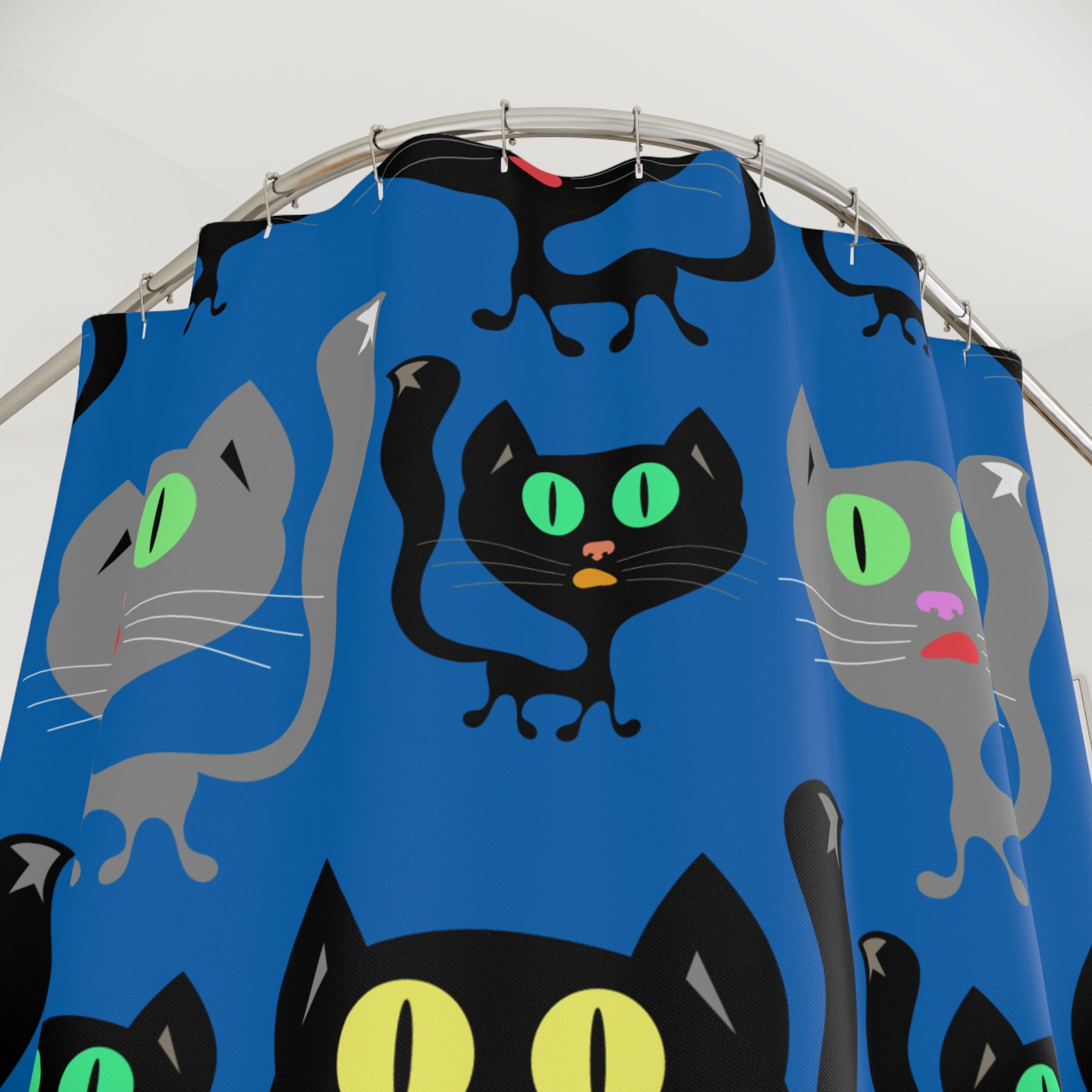 Playful Black Cat Bluish Cat Shower Curtain