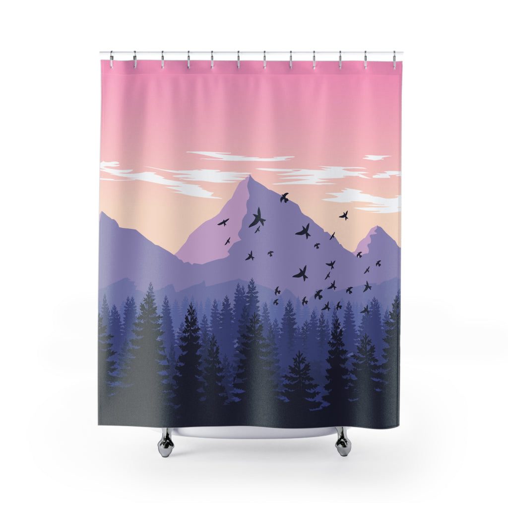 Mountain Pink Sunset and Birds Shower Curtain, Nature-Themed Bathroom Decor, Boho Home Accessory, Relaxing Vibe, Gifts for Nature Lovers