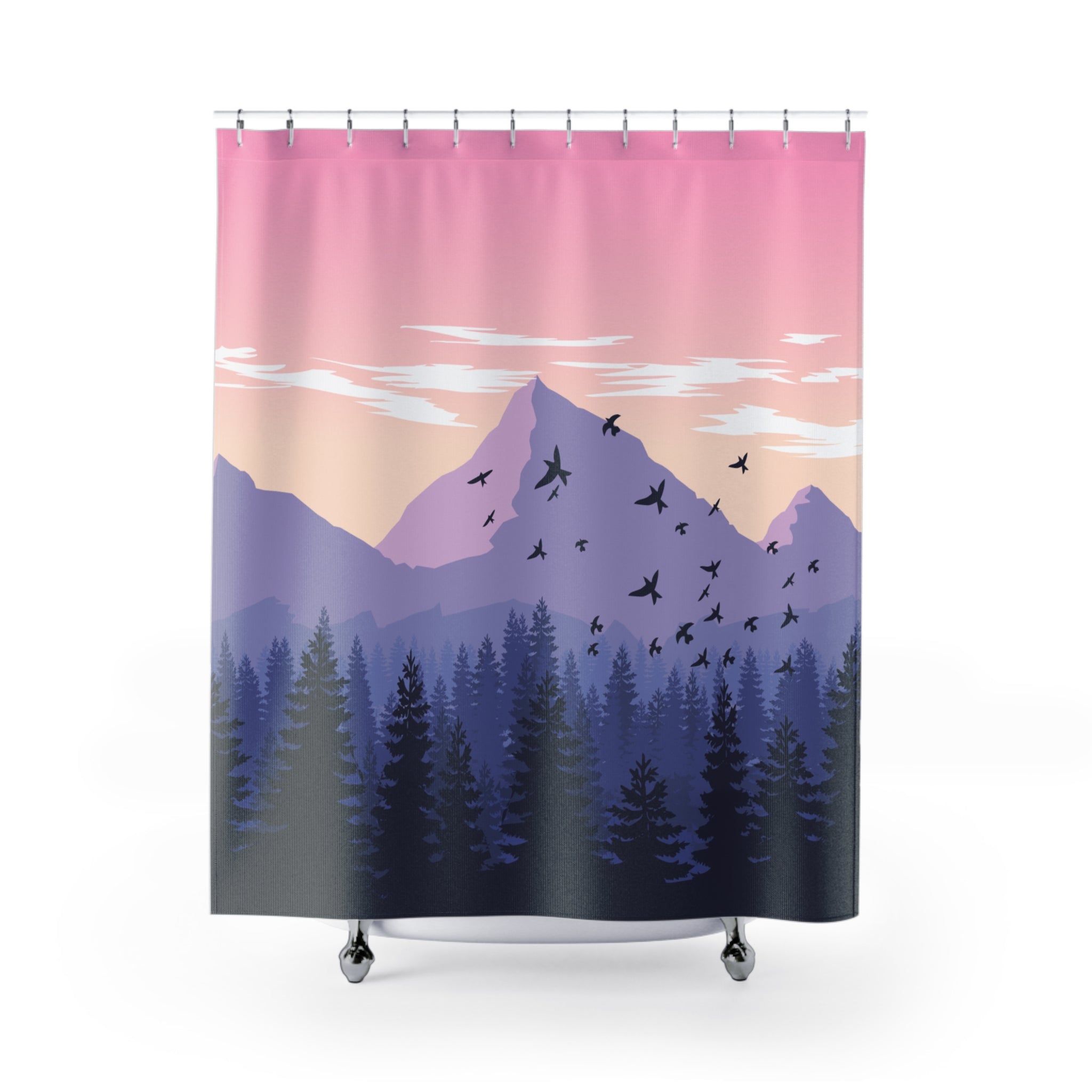 Mountain Pink Sunset and Birds Shower Curtain, Nature-Themed Bathroom Decor, Boho Home Accessory, Relaxing Vibe, Gifts for Nature Lovers