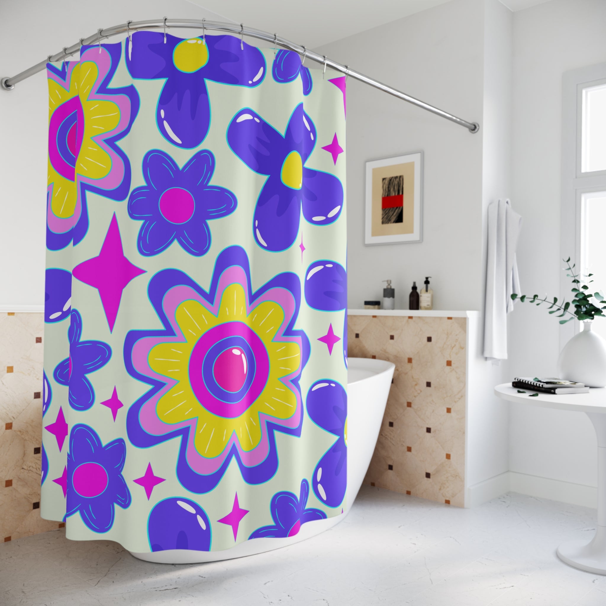 Vibrant Floral Shower Curtain, Colorful Bathroom Decor, Retro Flower Design, Gift for Home, Spring Style, Fun Interior