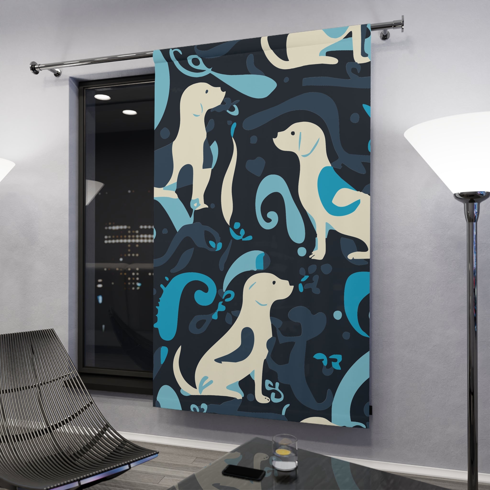 Whimsical Bluish Dog Swirl Blackout Window Curtain