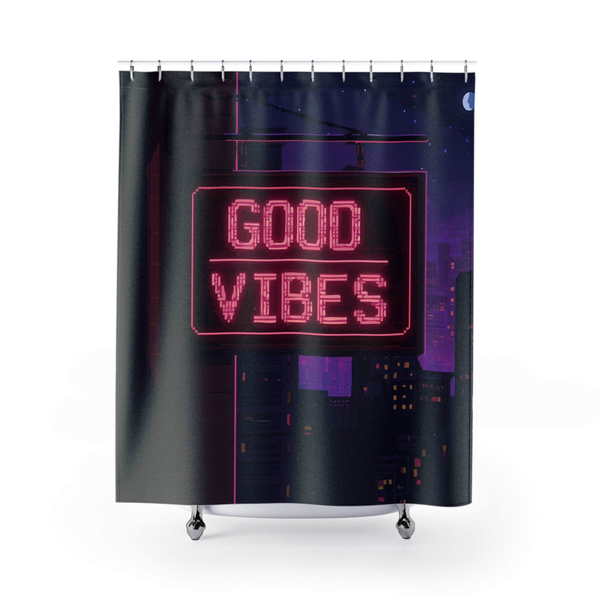 Pixelated Good Vibes City Sign Shower Curtain