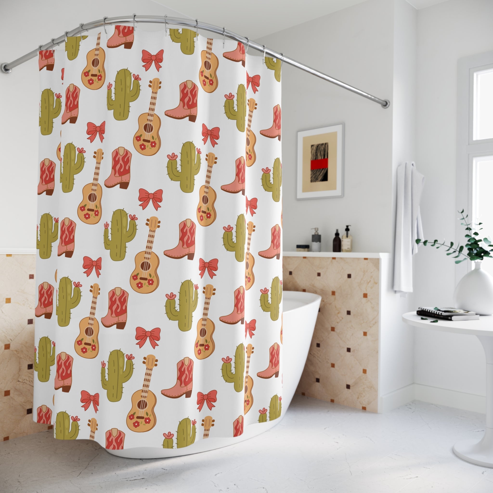 Texas Country Boots and Cactus Shower Curtain, Colorful Bathroom Decor, Cactus and Guitar Design, Boho Home Accessories, Western Theme Gifts