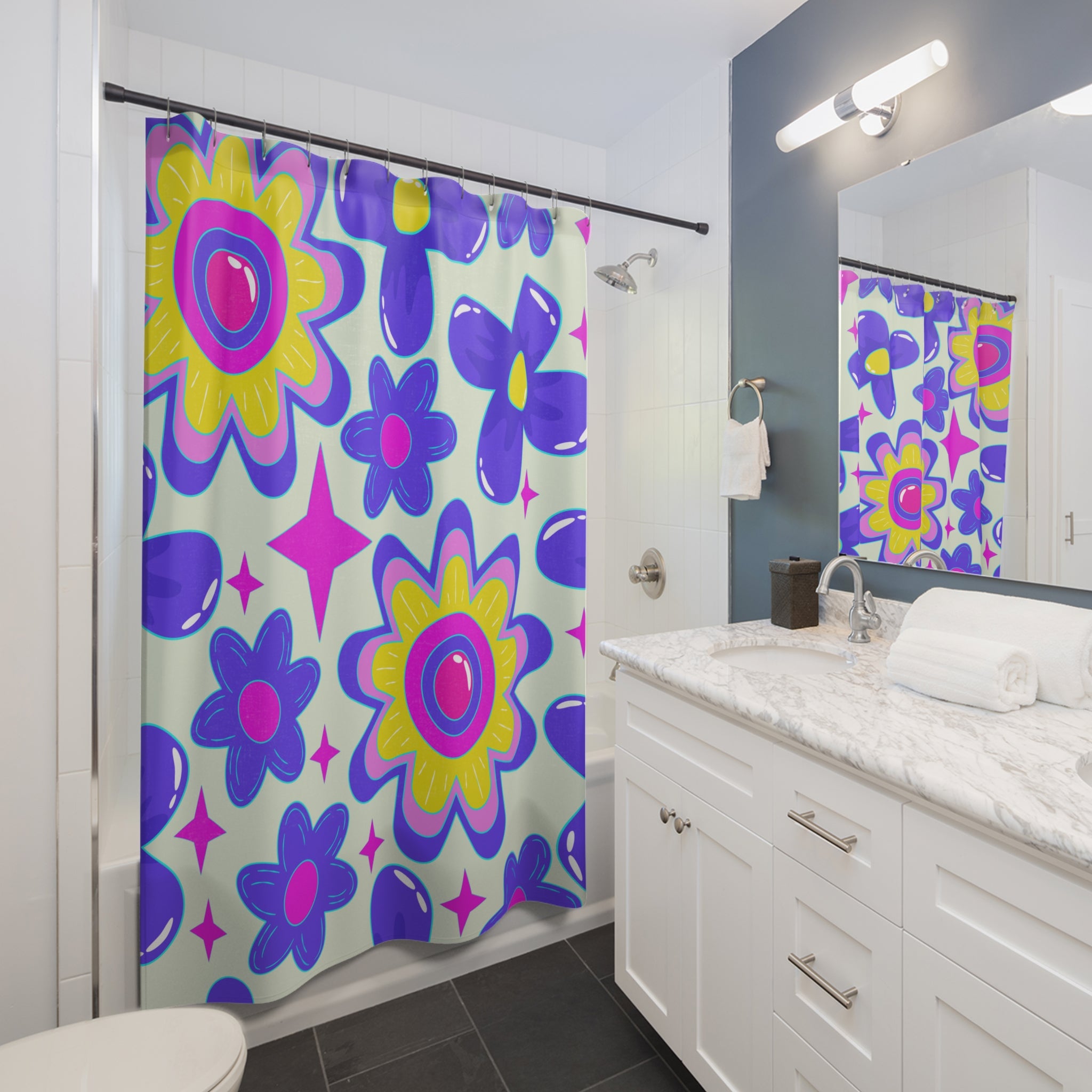 Vibrant Floral Shower Curtain, Colorful Bathroom Decor, Retro Flower Design, Gift for Home, Spring Style, Fun Interior