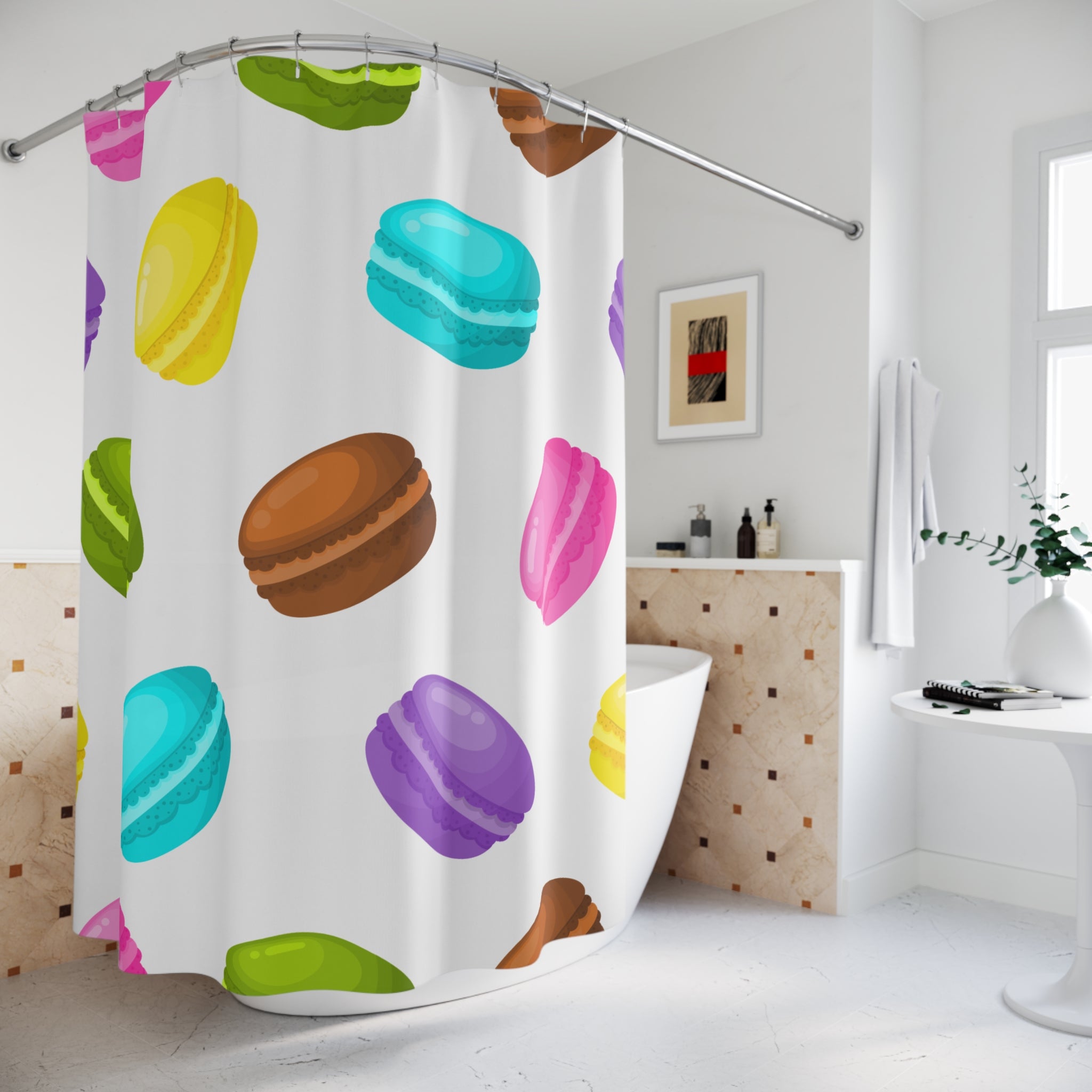 Colorful Macaron Patterned  Shower Curtain - Fun Bathroom Decor, French Pastry Design, Kitchen or Bath Accessory, Gift for Food Lovers