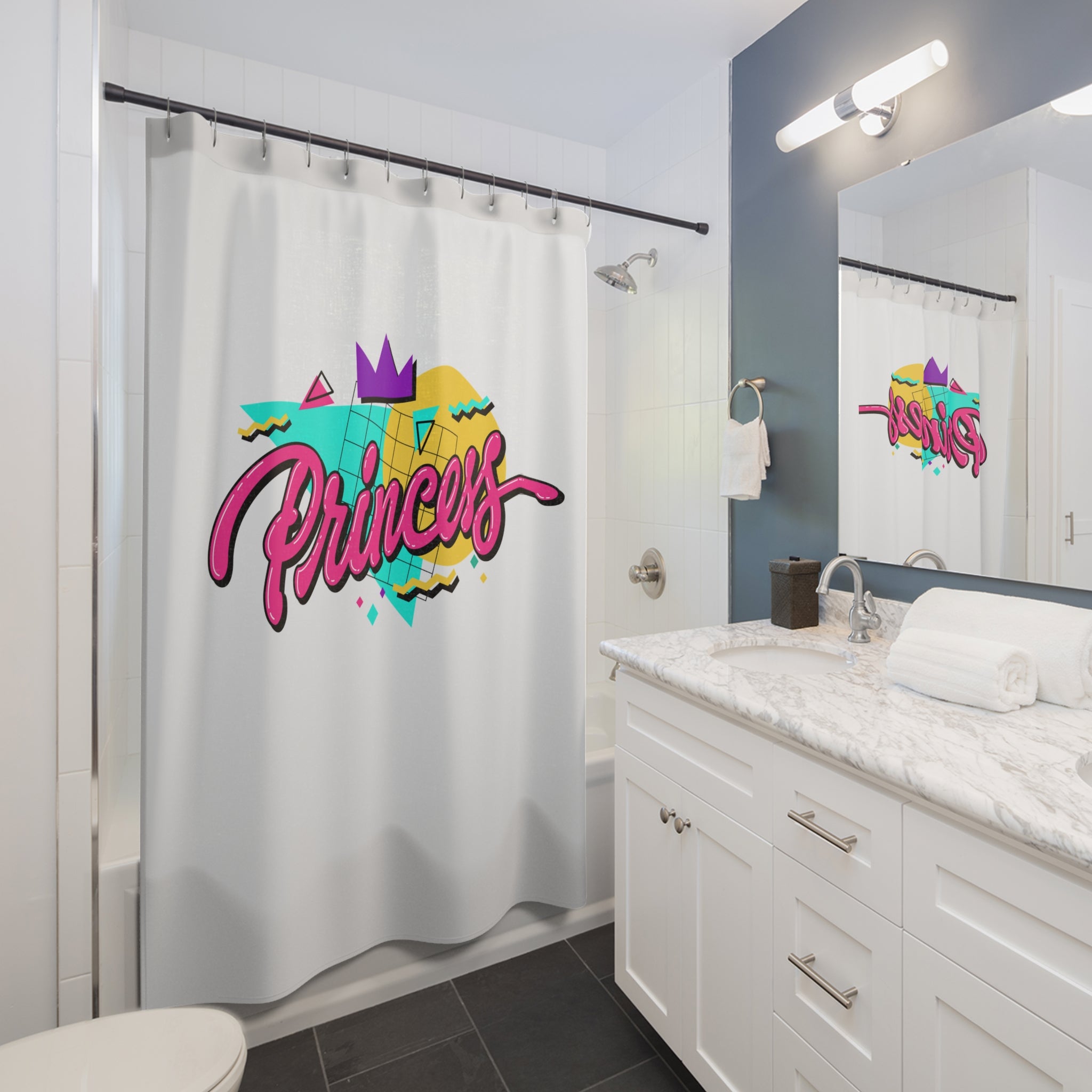 90s Style Princess Geometric Design on Off White Shower Curtain