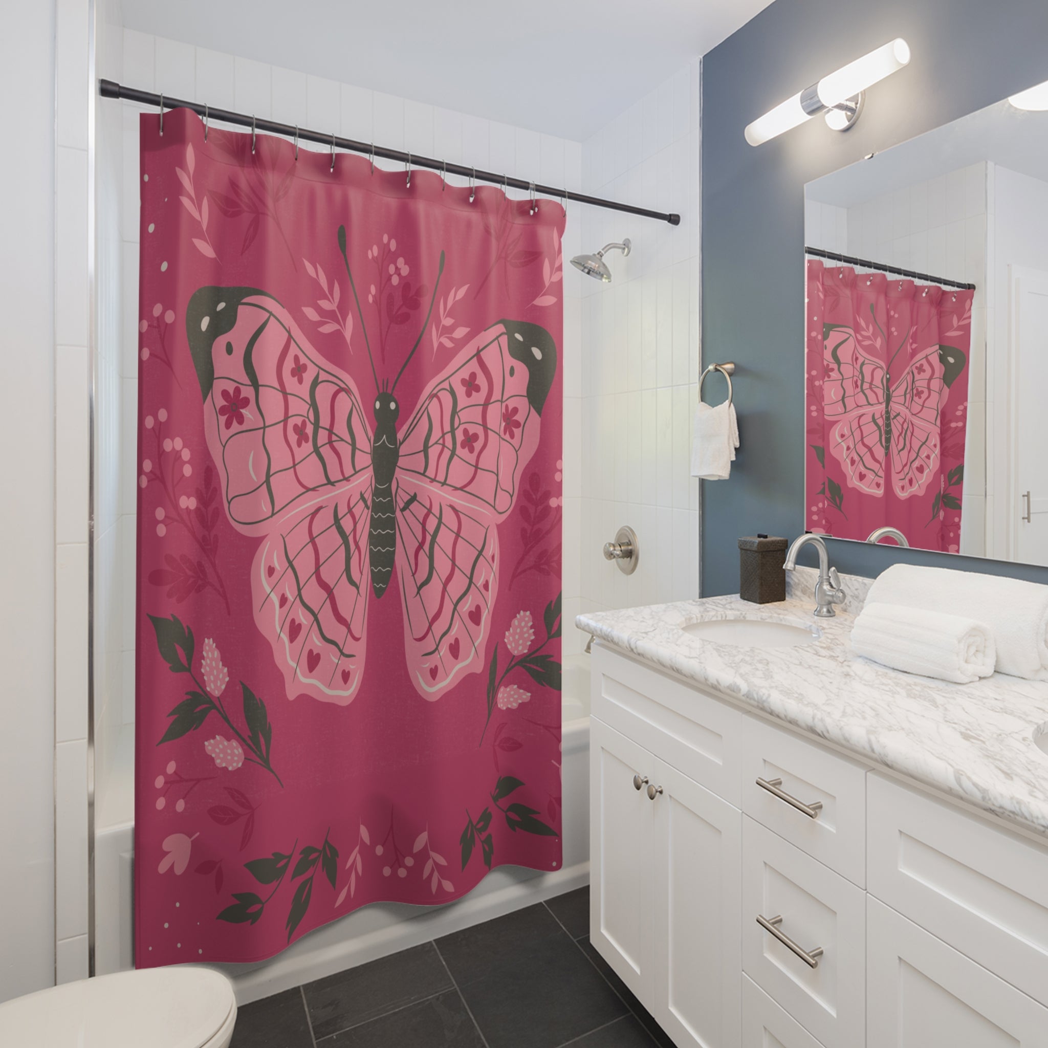 Butterfly Garden Shower Curtain, Vibrant Pink Home Decor, Bathroom Accessories, Floral Design, Nature Lover Gift