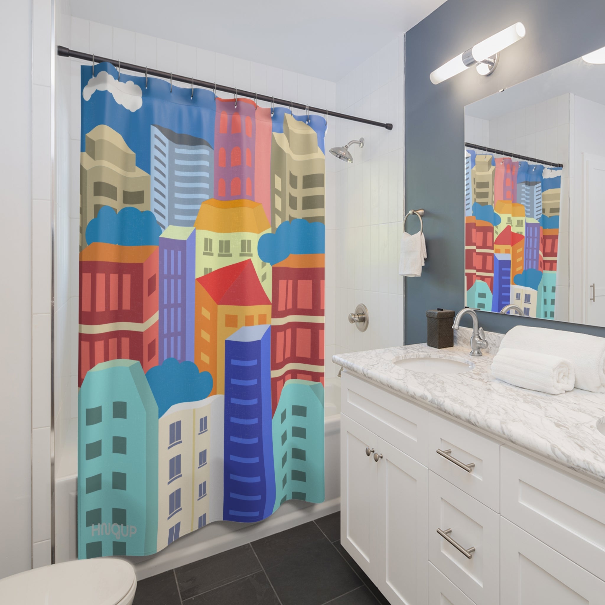 Colorful Cityscape Shower Curtain, Modern Bathroom Decor, Urban Art, Gift for Homeowners, Vibrant Design, City Lover's Gift