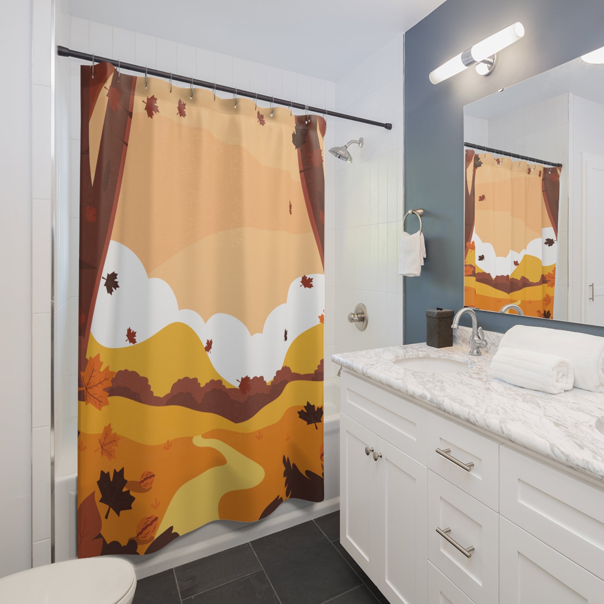 Autumn Landscape Shower Curtain, Fall Decor, Bathroom Accessories, Seasonal Home Decor, Leaf Pattern, Nature Vibes