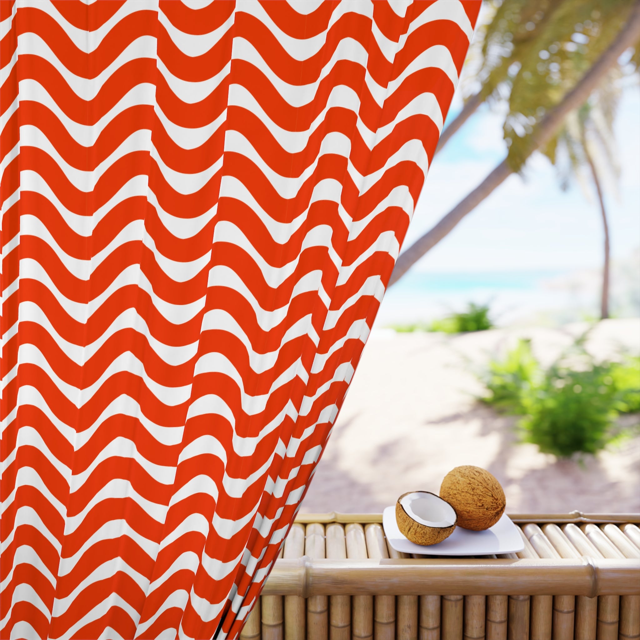 Wave Hello Red Pattern Blackout Window Curtain