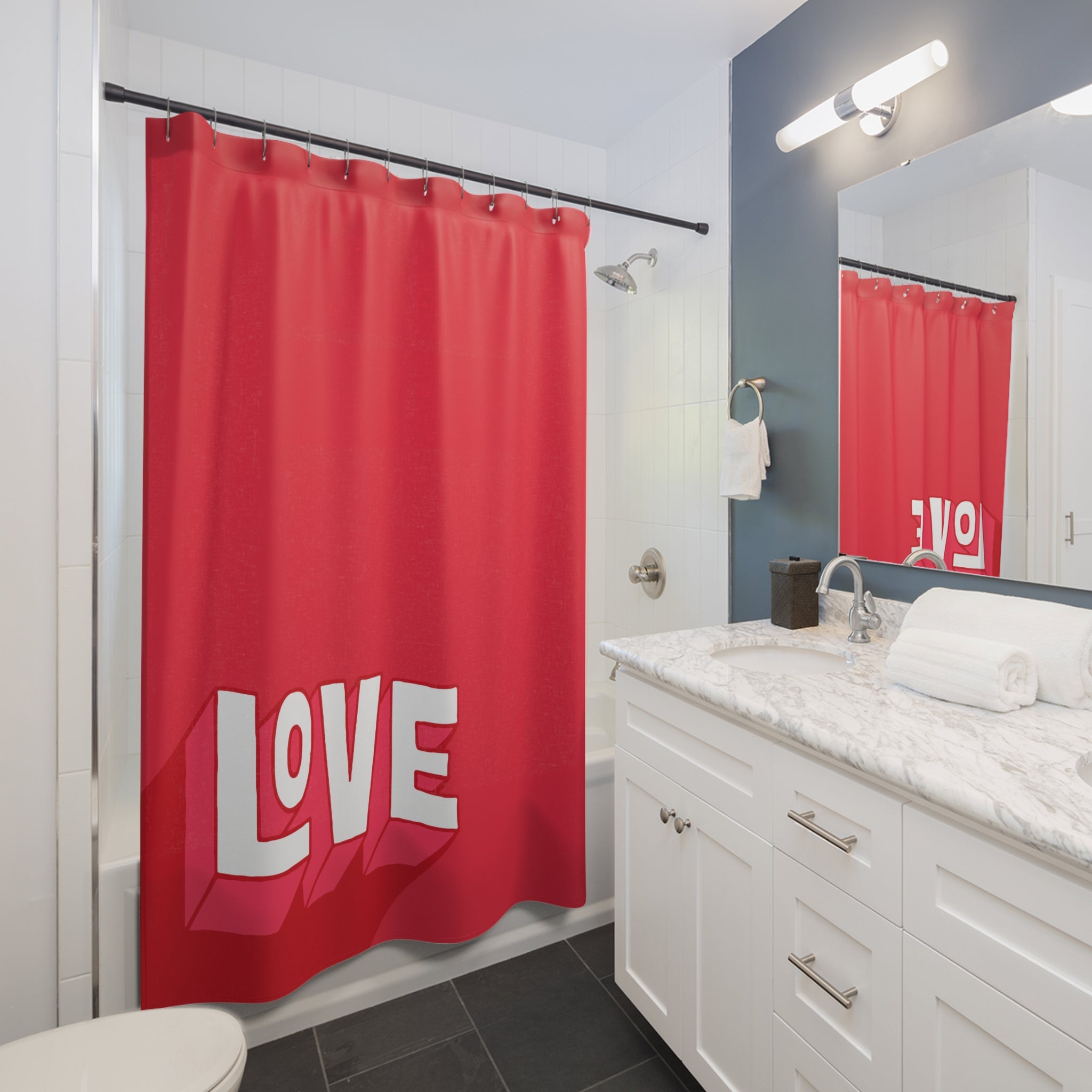 Love-Inspired Shower Curtain, Vibrant Red Bathroom Decor, Perfect for Valentine's Day, Romantic Gift, Home Makeover