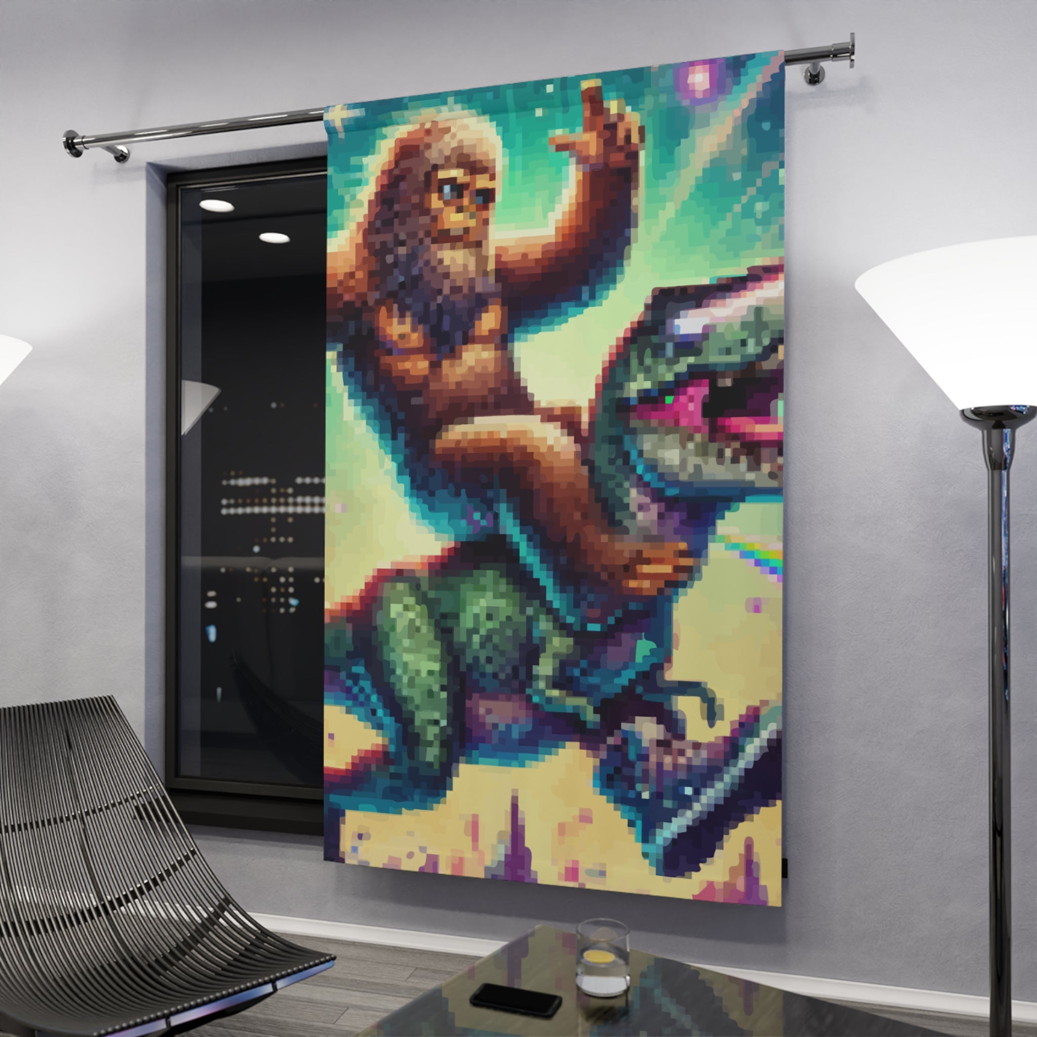 Pixelated Sasquatch Riding Dinosaur Blackout Window Curtain
