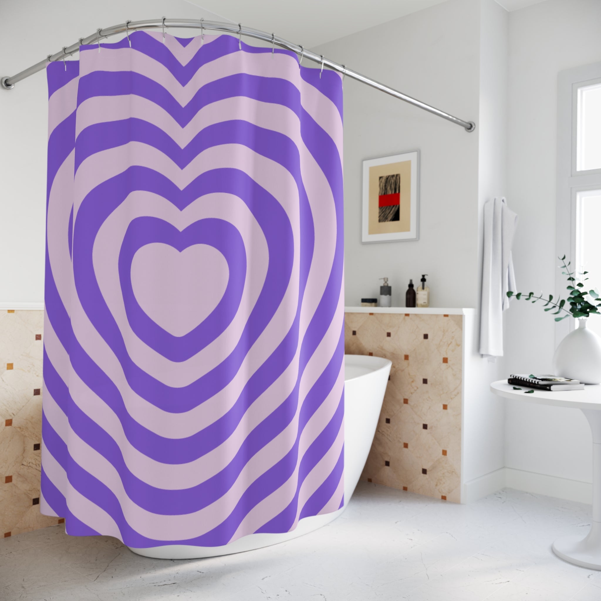 Purple Heart Shower Curtain, Modern Bathroom Decor, Gift for Her, Valentine's Day Decor, Love Theme