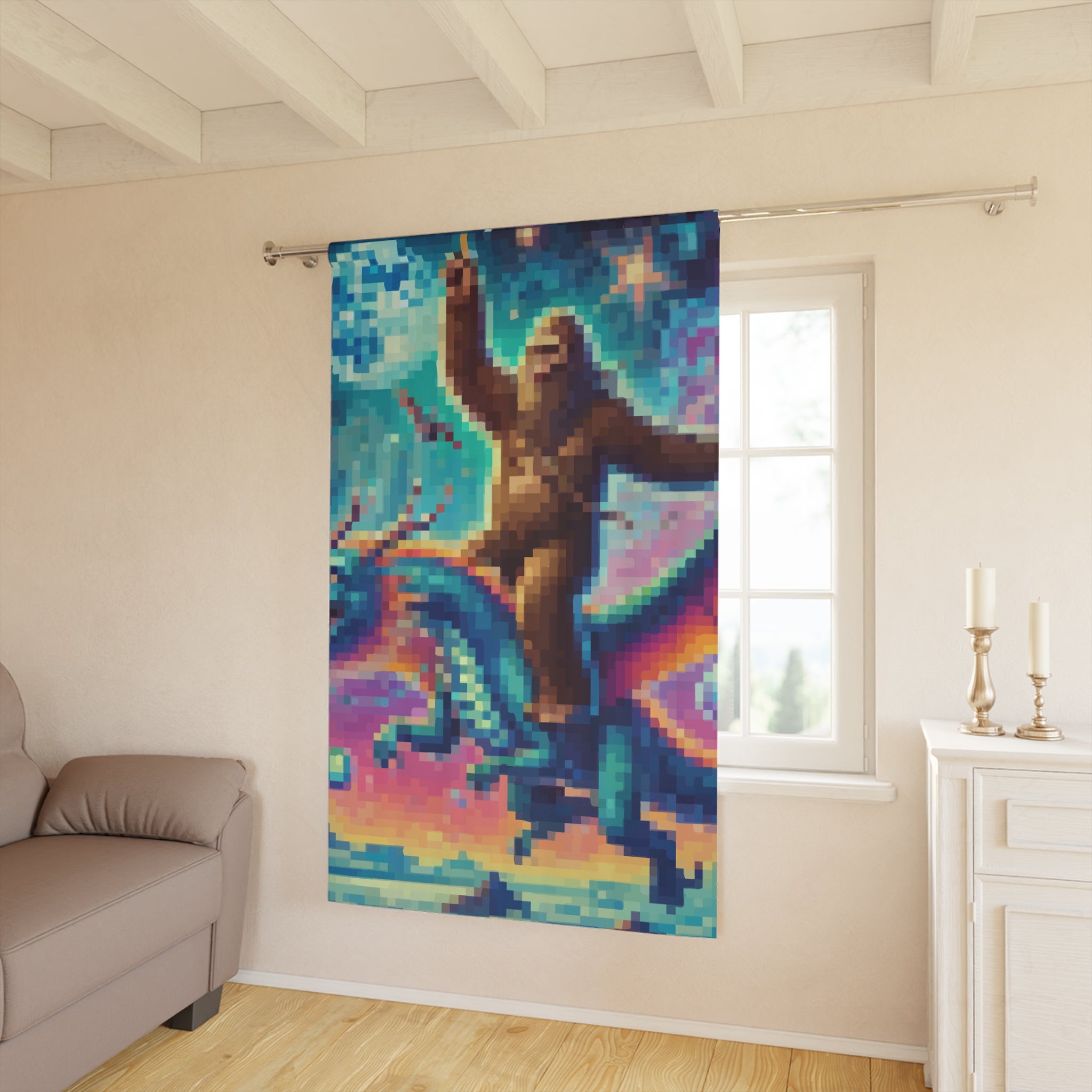 Cosmic Pixelated Bigfoot and Dragon Blackout Window Curtain