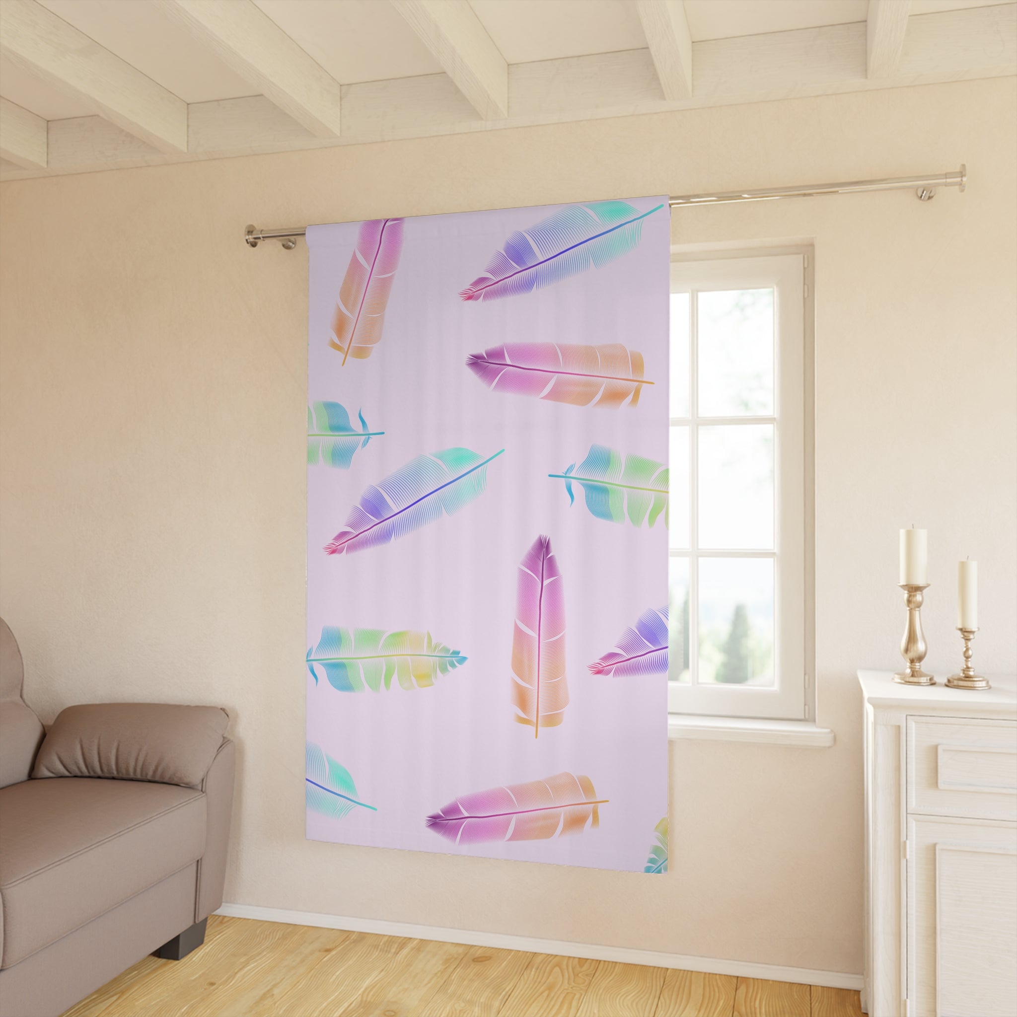 Boho Rainbow Feather Pattern Blackout Window Curtain
