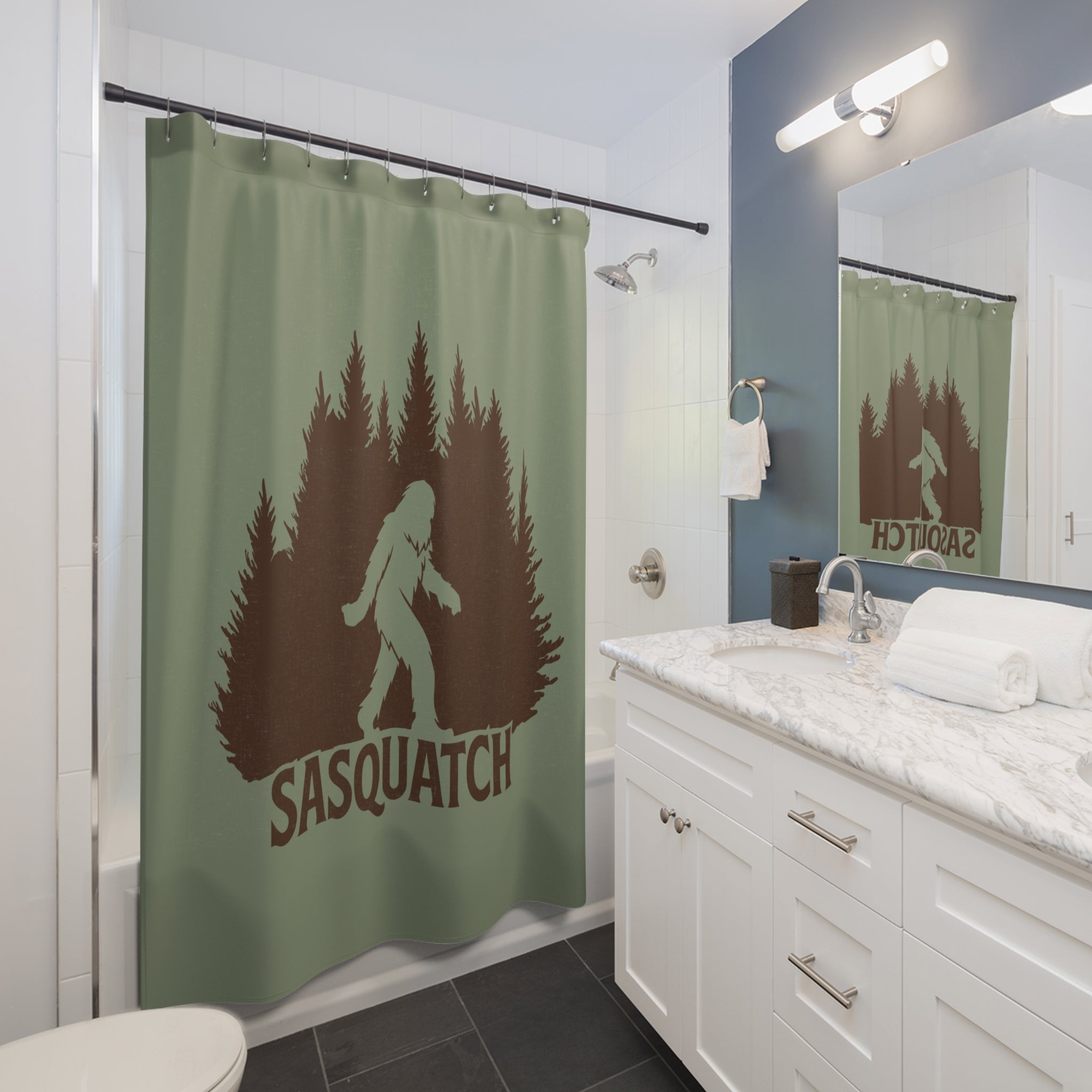 Sasquatch Forest Green Shower Curtain, Forest Bathroom Decor, Bigfoot Gift, Nature Inspired, Rustic Home Decor, Unique Gift for Outdoorsy