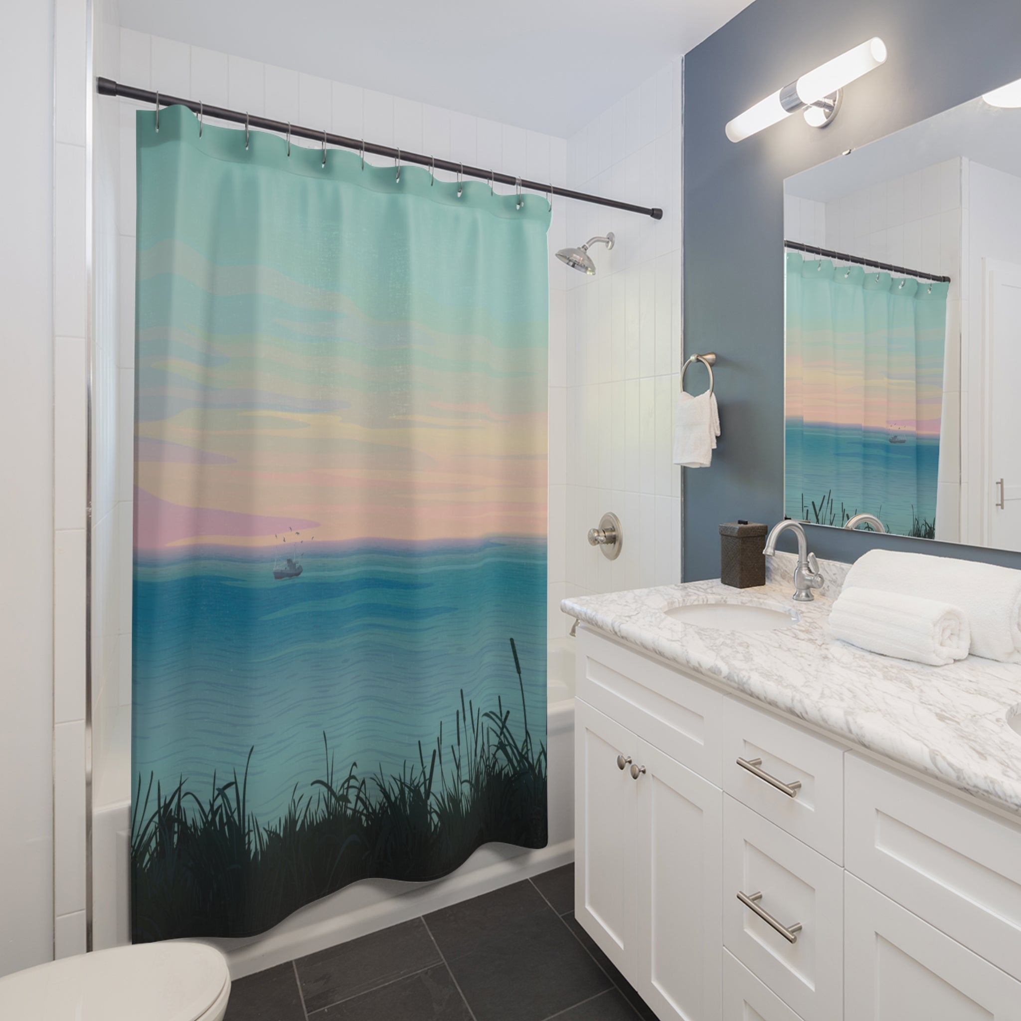 Serene Coastal Minimalist Shower Curtain, Ocean Wave Bathroom Decor, Relaxing Home Accent, Nautical Gift, Tranquil Vibe
