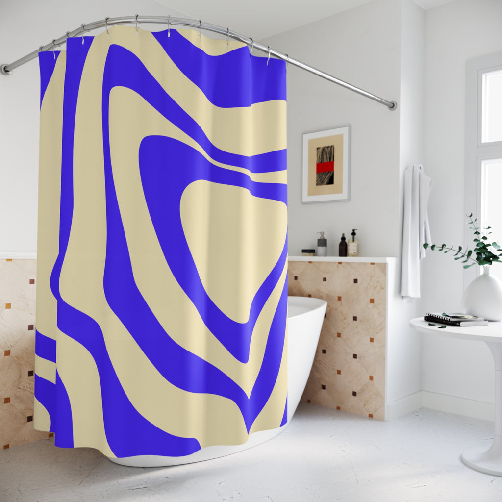 Modern Blue Abstract Shower Curtain, Trendy Bathroom Decor, Waves Design, Blue and Cream Patterned Curtains, Unique Gift for Home