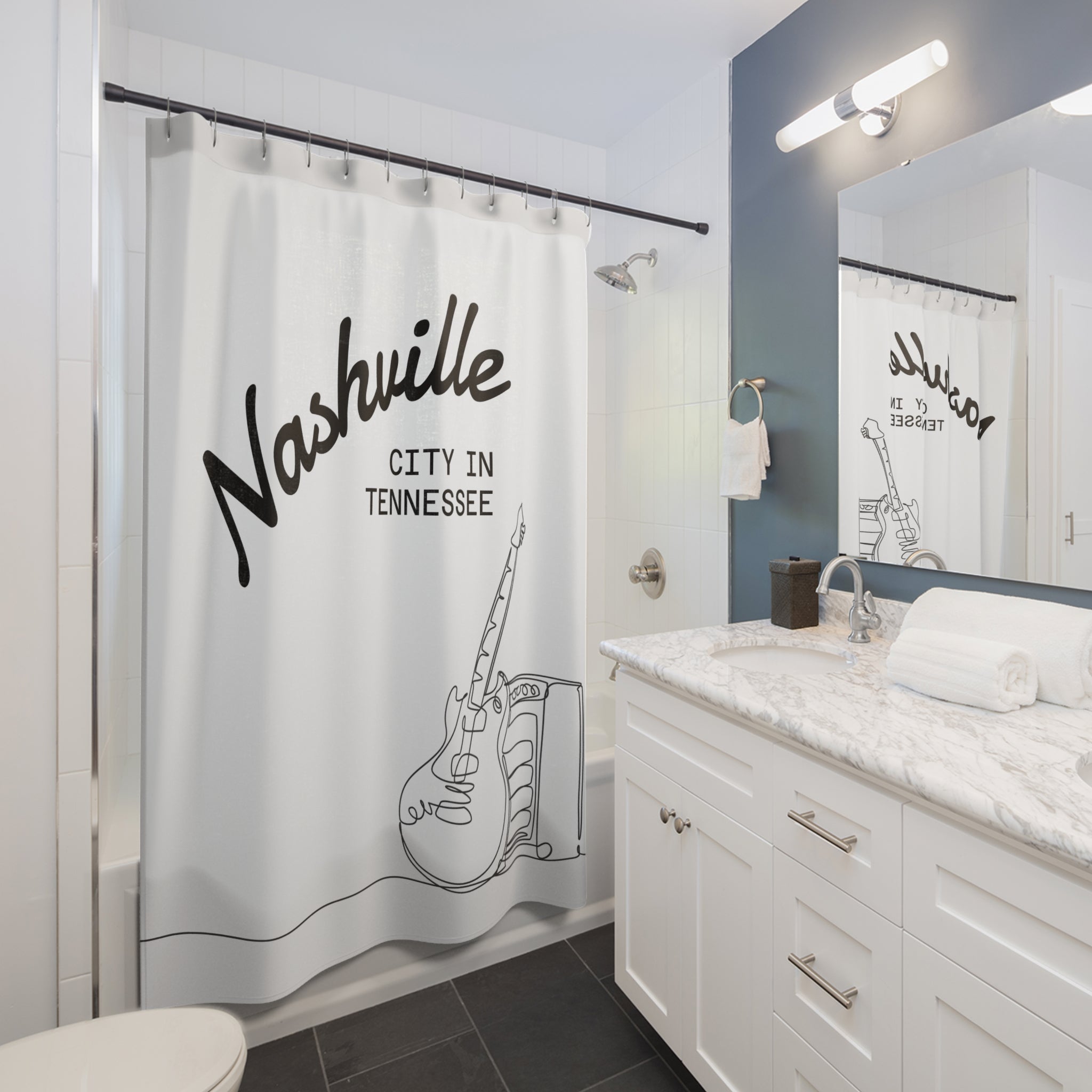 Guitar-Themed Shower Curtain Nashville City in Tennessee | Music Lover's Bathroom Decor, Music Gift, Home Accessories, Unique Bathroom Art, Rock & Roll Style