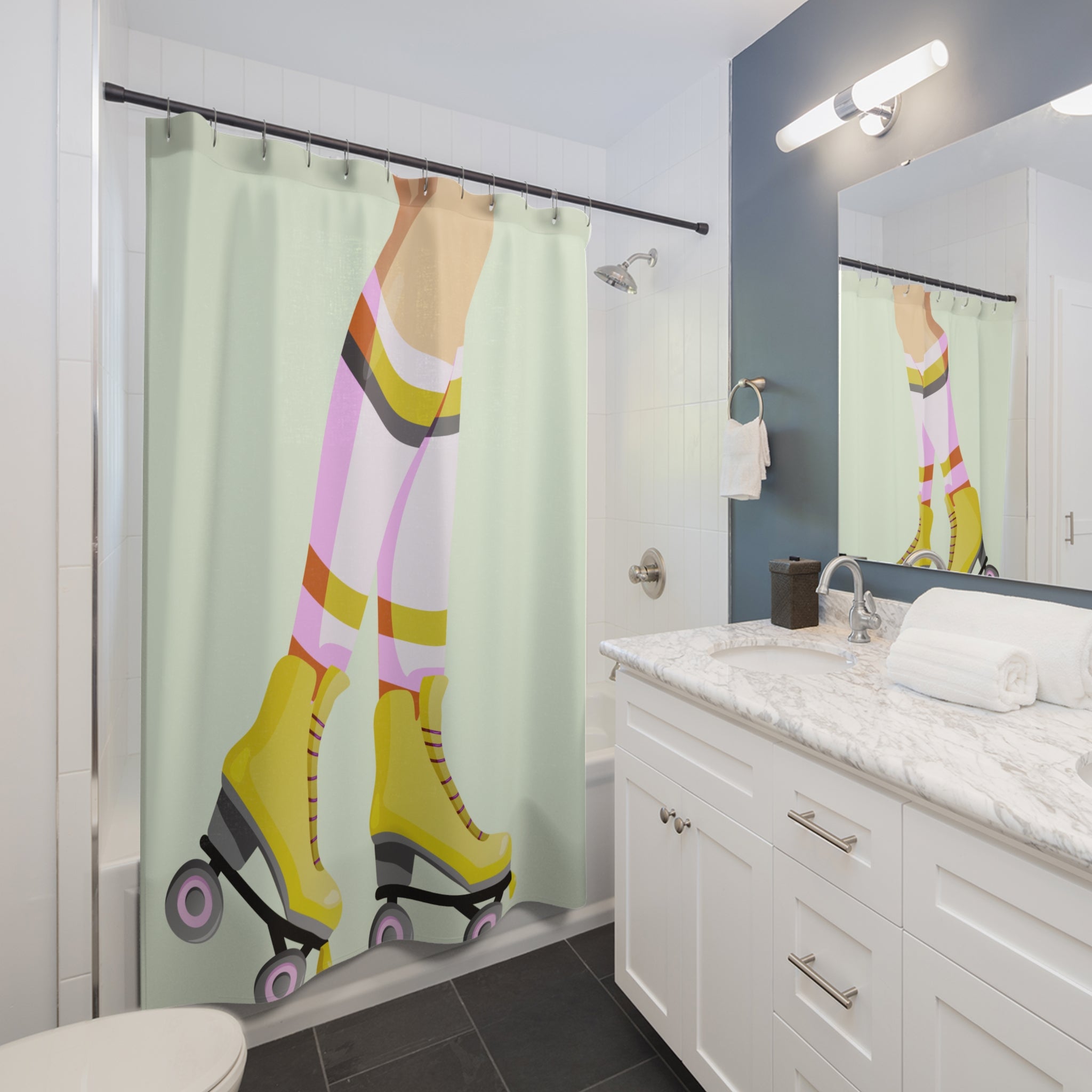 Retro Roller Skater Girl Legs Shower Curtain, Vintage Bathroom Decor, Fun Shower Curtain, Pink and Yellow Skates, Gift for Roller Derby Fans