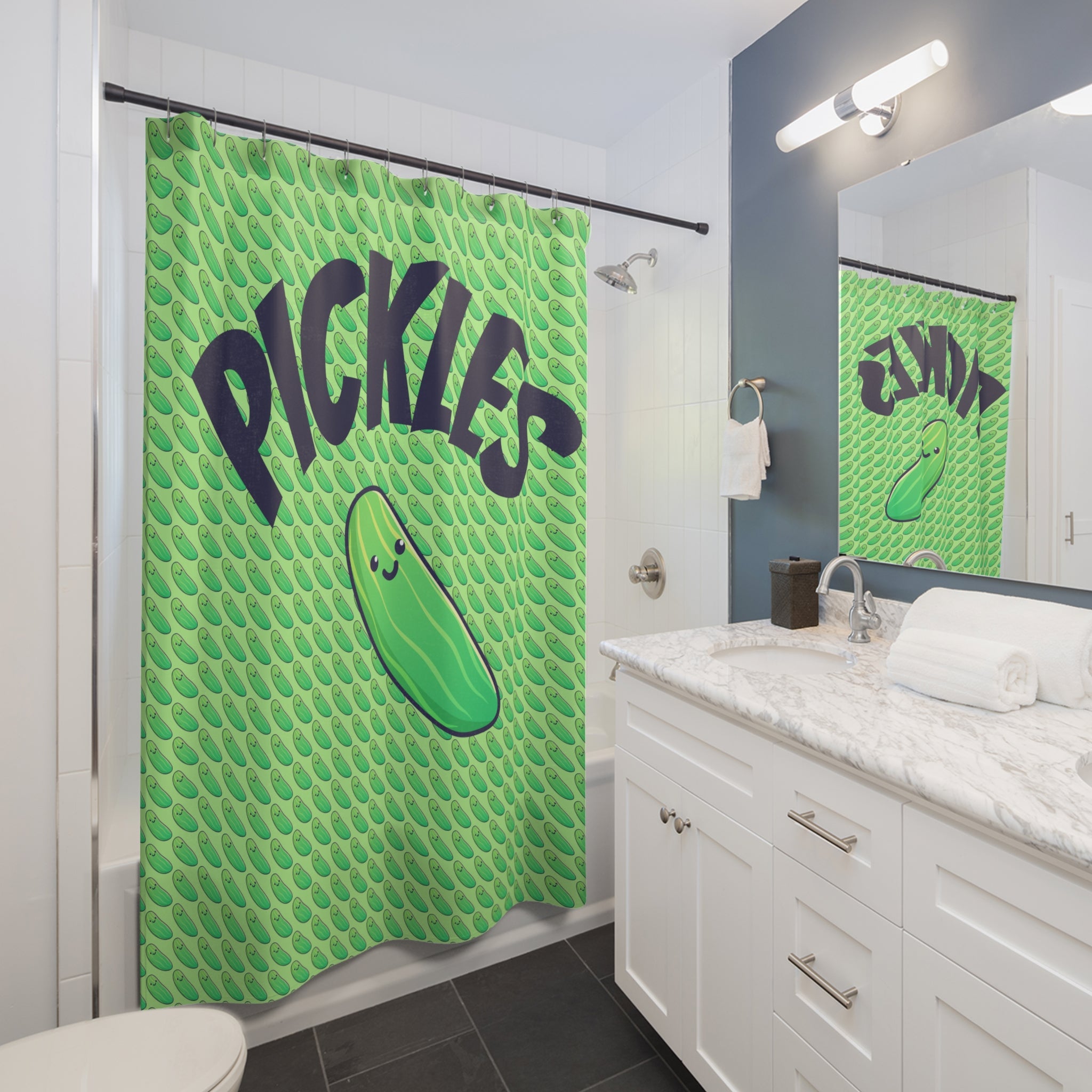 So Many Pickles Shower Curtain - Fun Bathroom Decor, Kitchen Theme, Gift for Foodies, Unique Home Accessory, Green Veggie Vibe