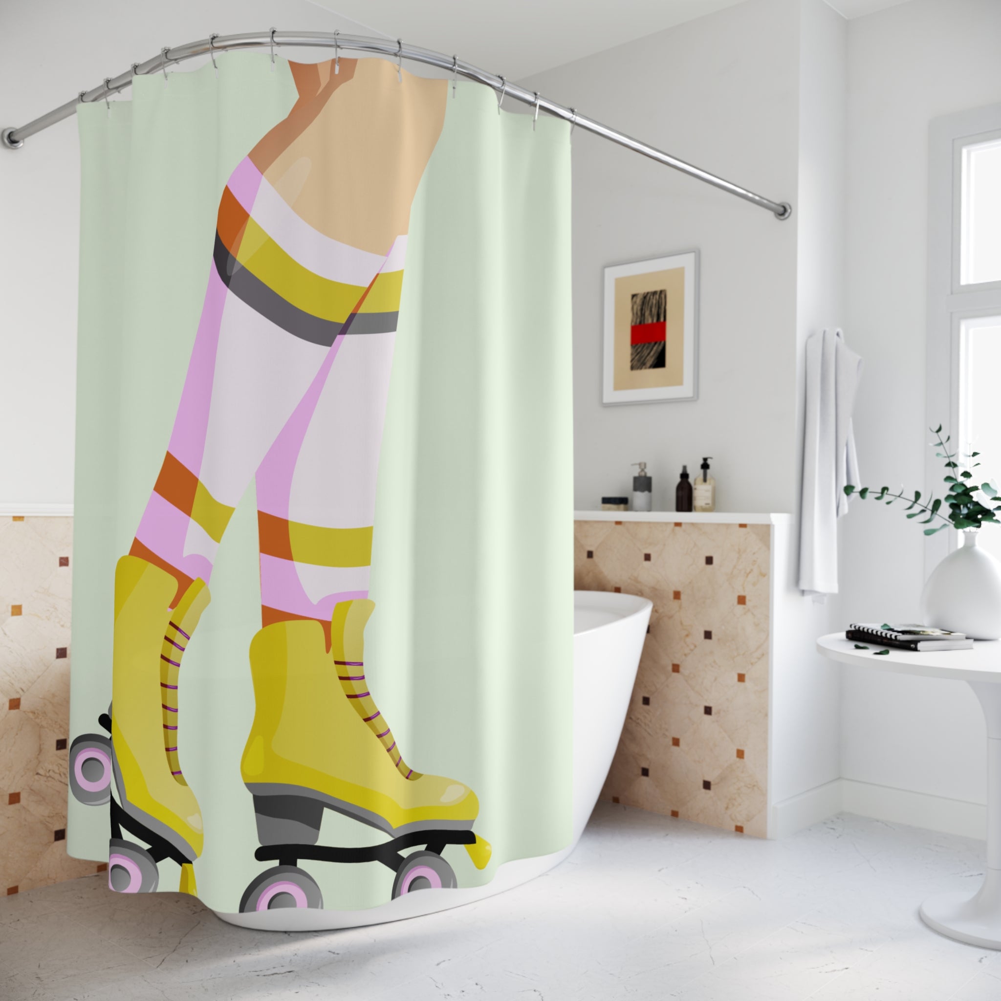 Retro Roller Skater Girl Legs Shower Curtain, Vintage Bathroom Decor, Fun Shower Curtain, Pink and Yellow Skates, Gift for Roller Derby Fans