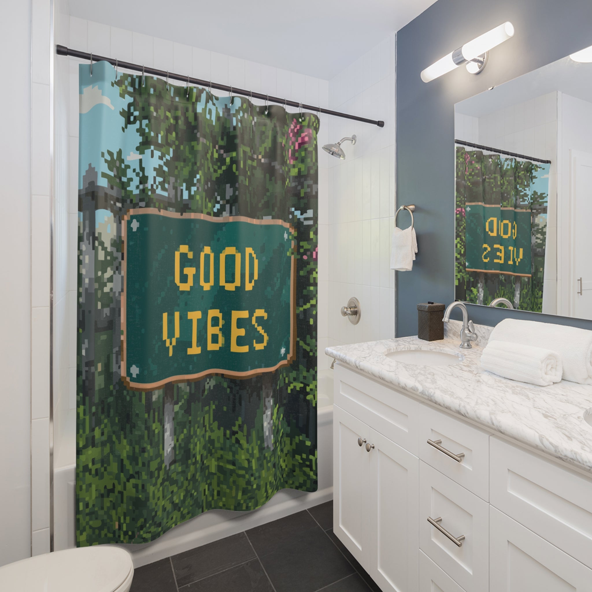 Pixelated Leafy Good Vibes Sign Shower Curtain