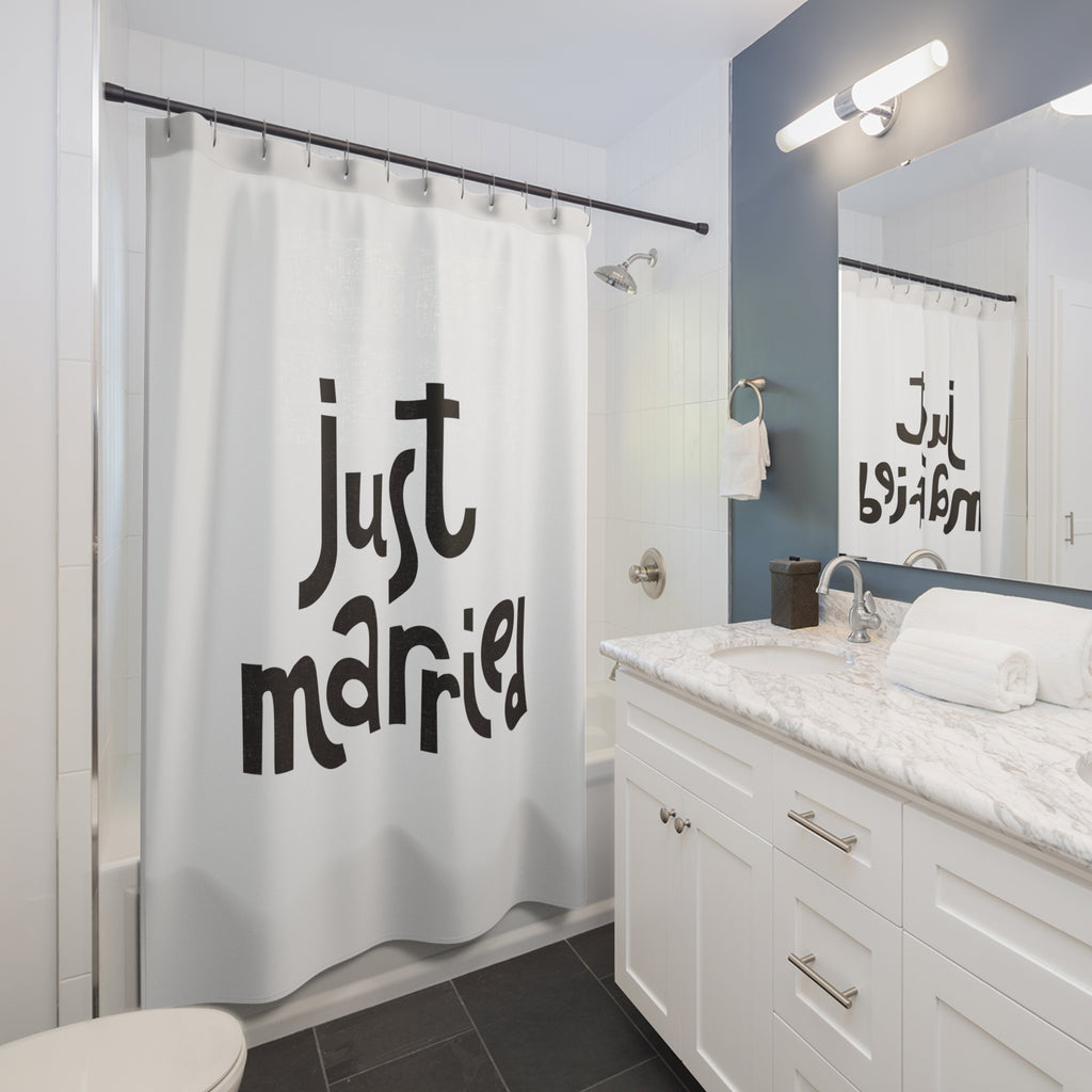 Just Married Shower Curtain | Wedding Decor, Bridal Gift, Bathroom Accessory, Newlywed Surprise, Home Decoration
