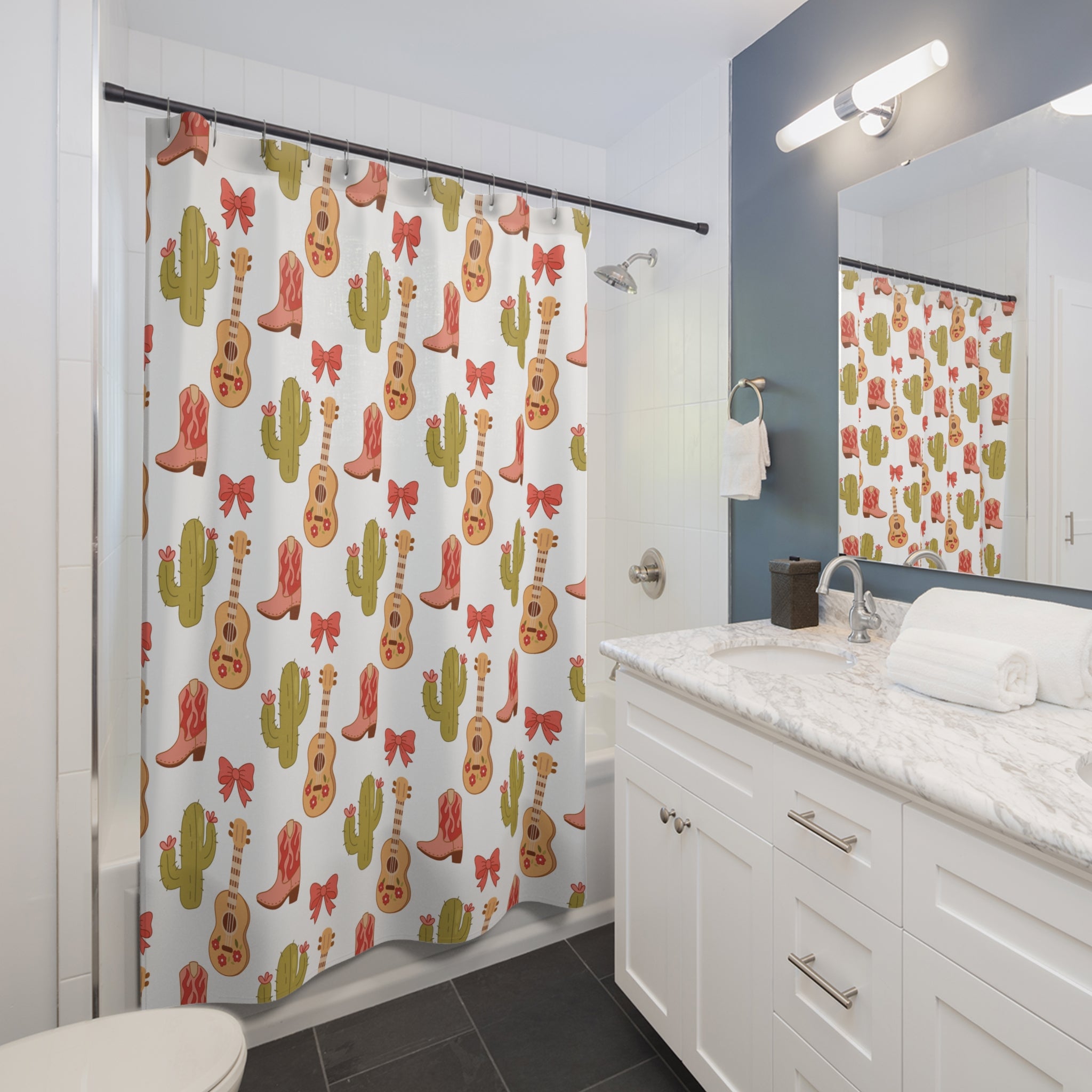Texas Country Boots and Cactus Shower Curtain, Colorful Bathroom Decor, Cactus and Guitar Design, Boho Home Accessories, Western Theme Gifts