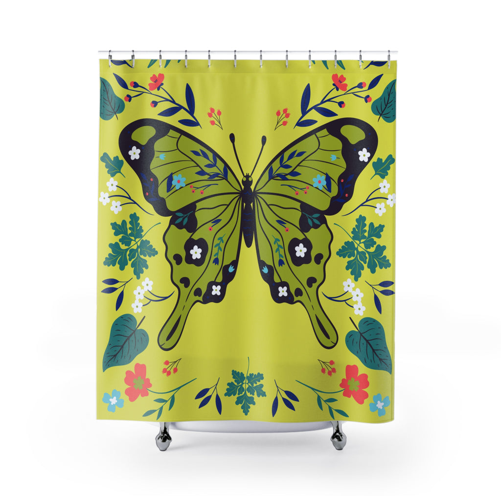 Butterfly Floral Shower Curtain, Vibrant Bathroom Decor, Nature-Inspired Gift, Summer Vibes, Home Decoration, Unique Design