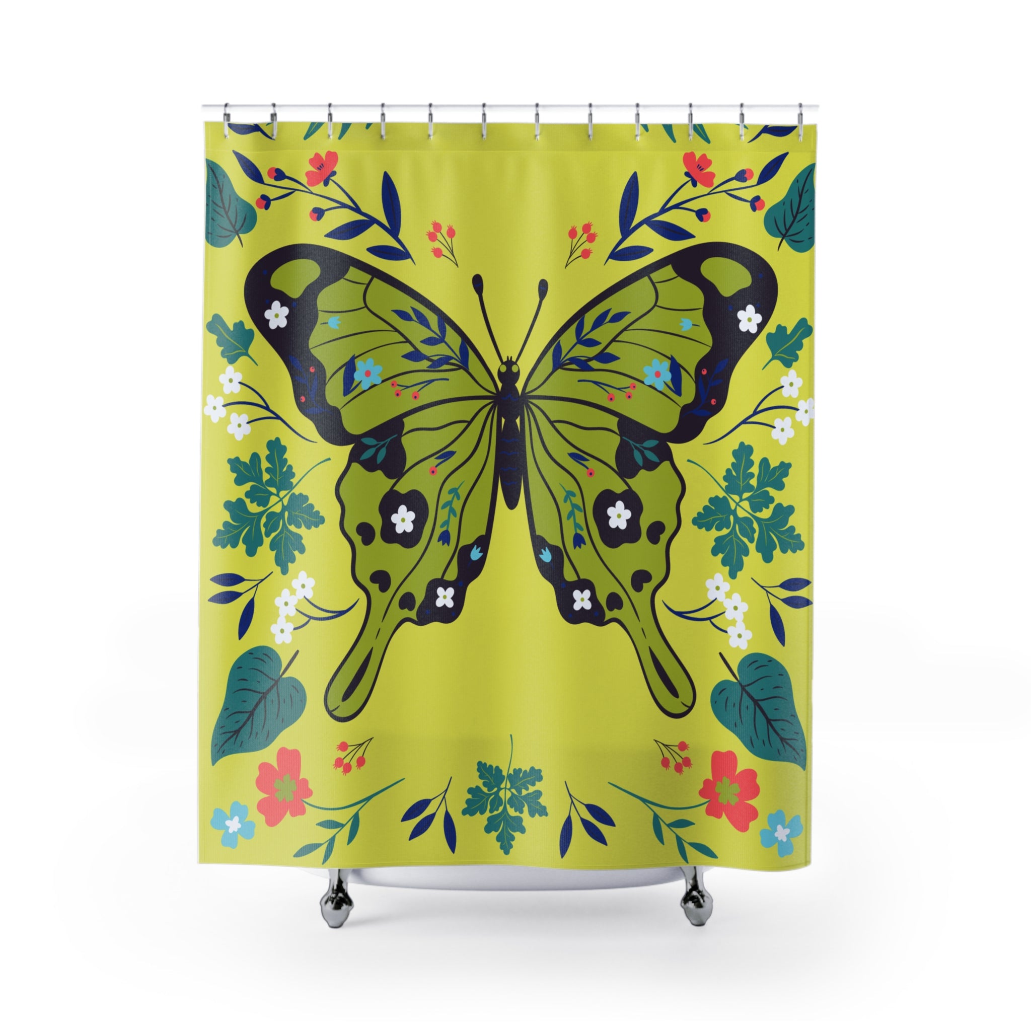Butterfly Floral Shower Curtain, Vibrant Bathroom Decor, Nature-Inspired Gift, Summer Vibes, Home Decoration, Unique Design