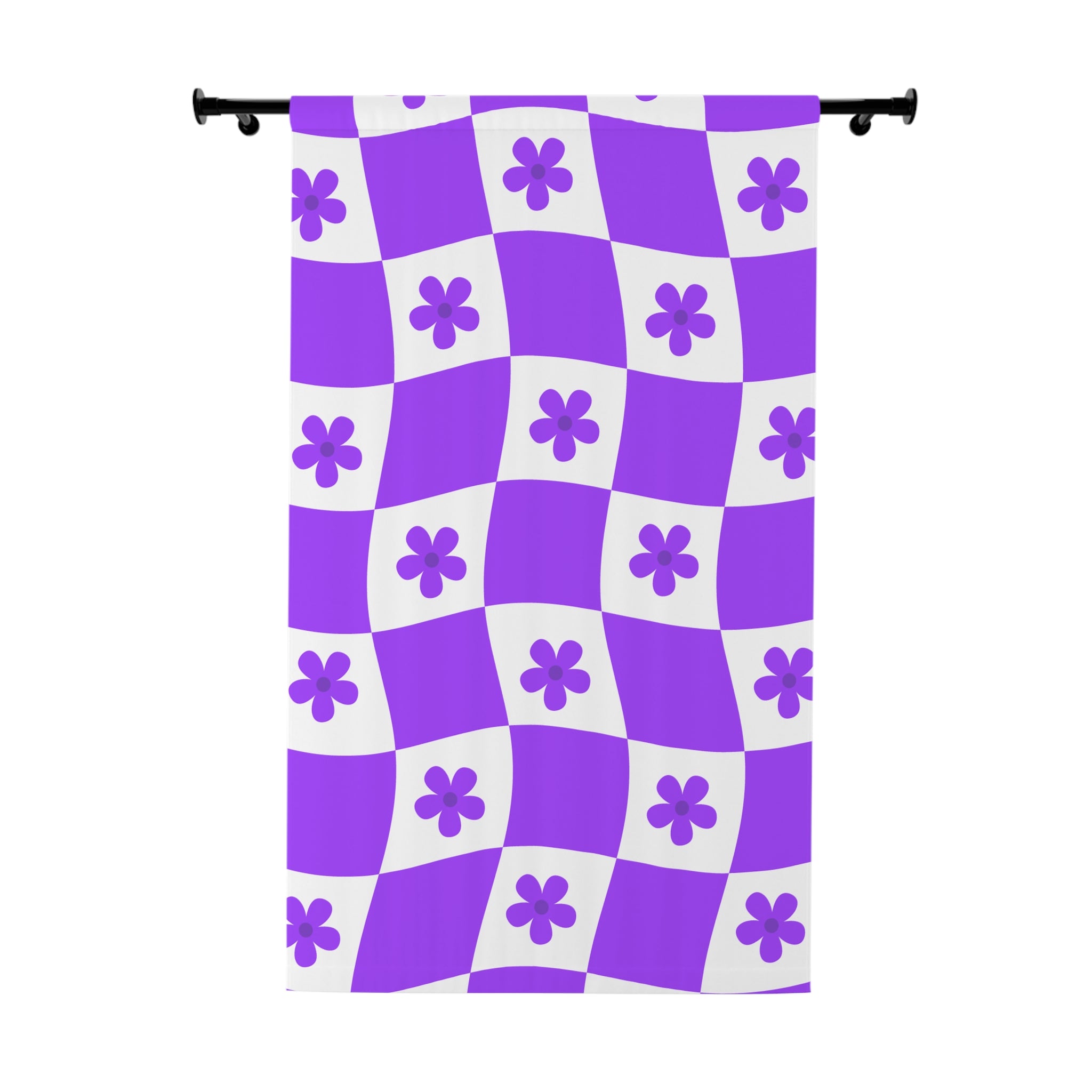 Vibrant Purple Checkered and Floral Blackout Window Curtain
