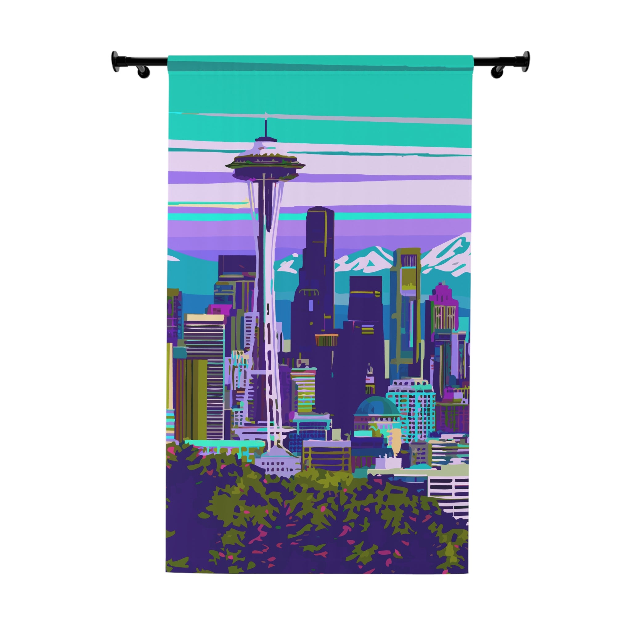 Seattle Greenish Skyline Design Blackout Window Curtain