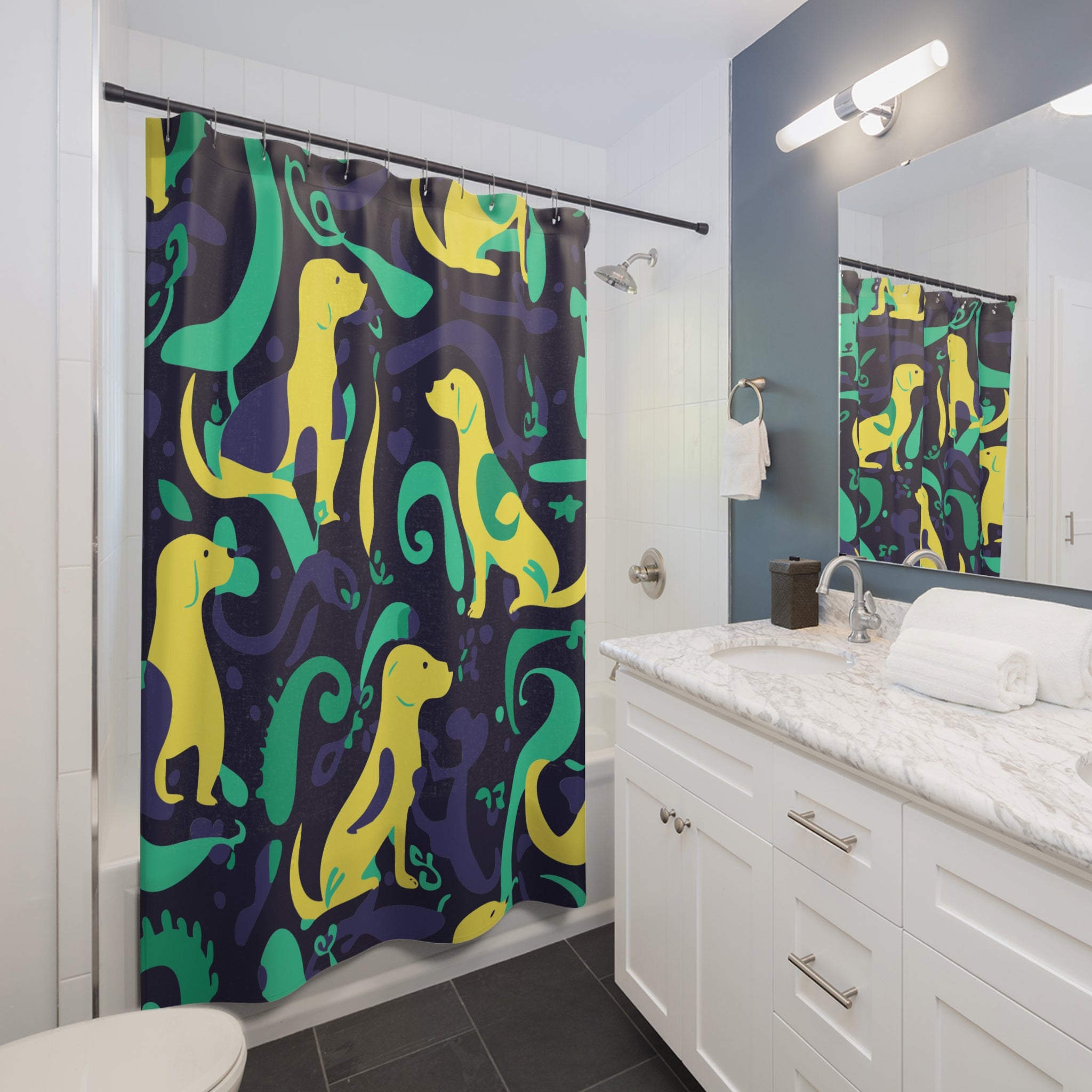 Whimsical Greenish Dog Swirl Shower Curtain