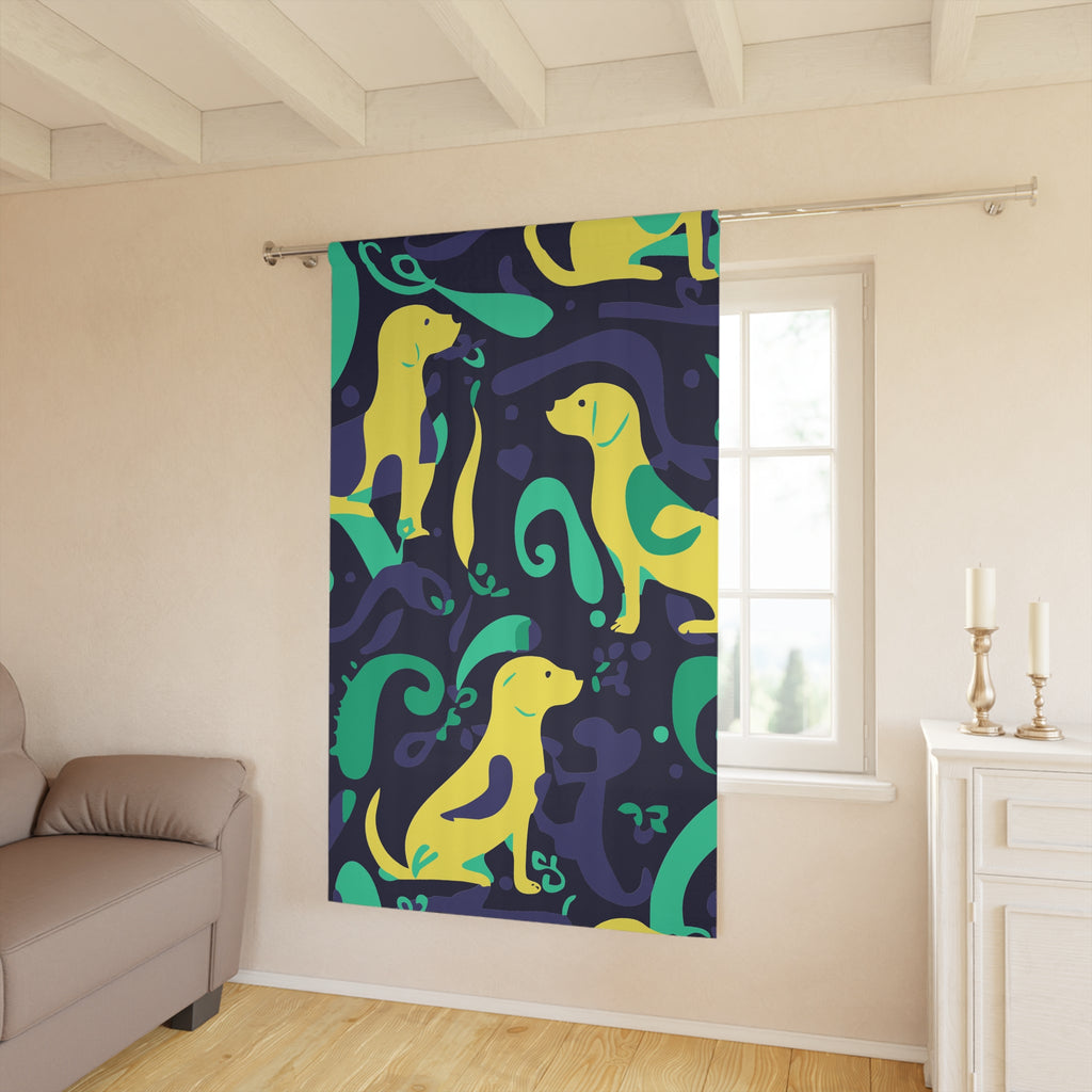 Whimsical Greenish Dog Swirl Blackout Window Curtain
