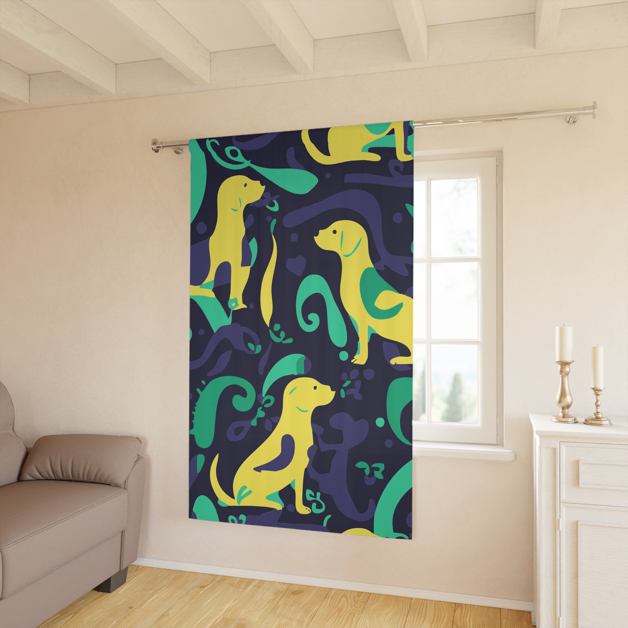 Whimsical Greenish Dog Swirl Blackout Window Curtain