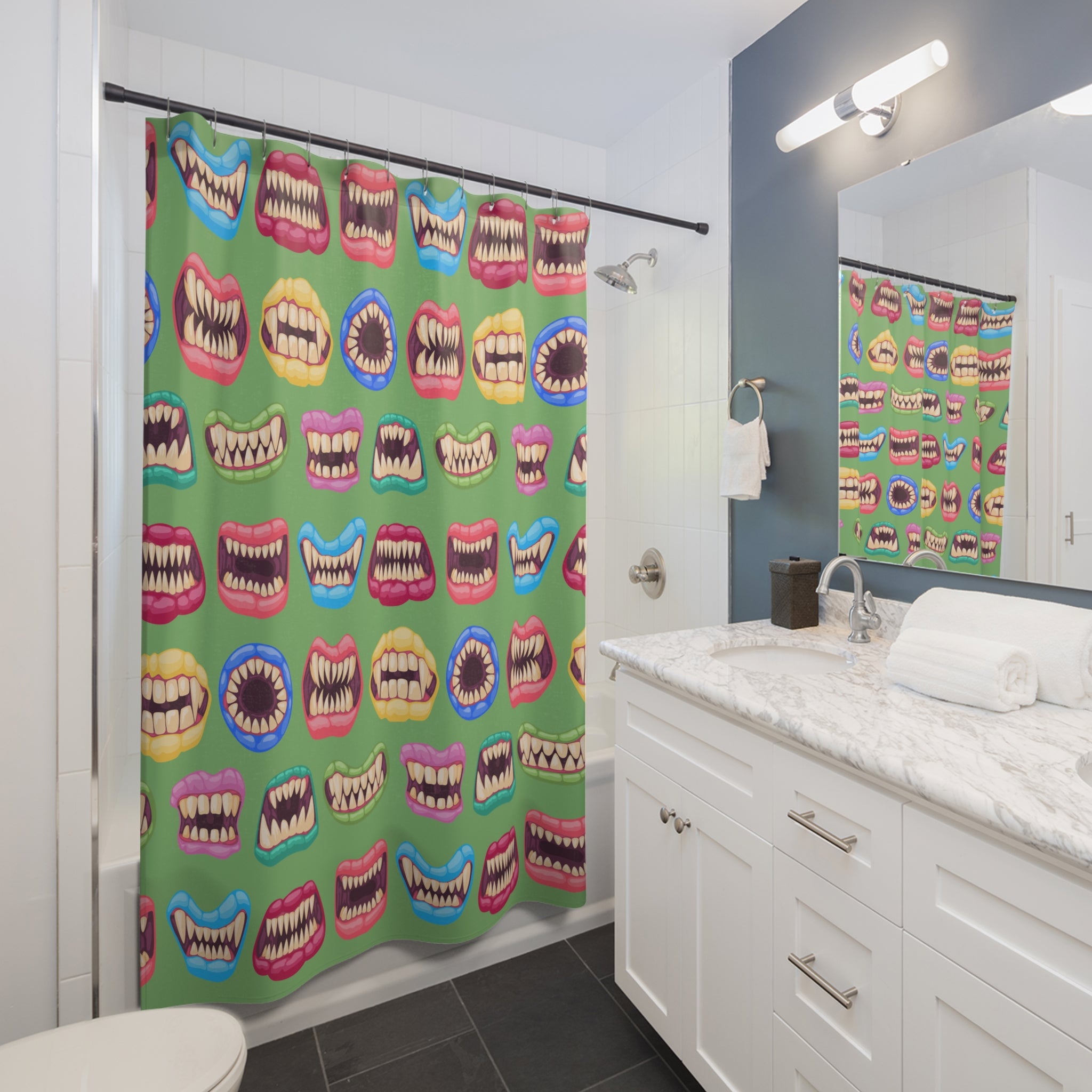Playful Monster Shower Curtain, Fun Bathroom Decor, Colorful Artwork, Halloween Themed, Unique Gift