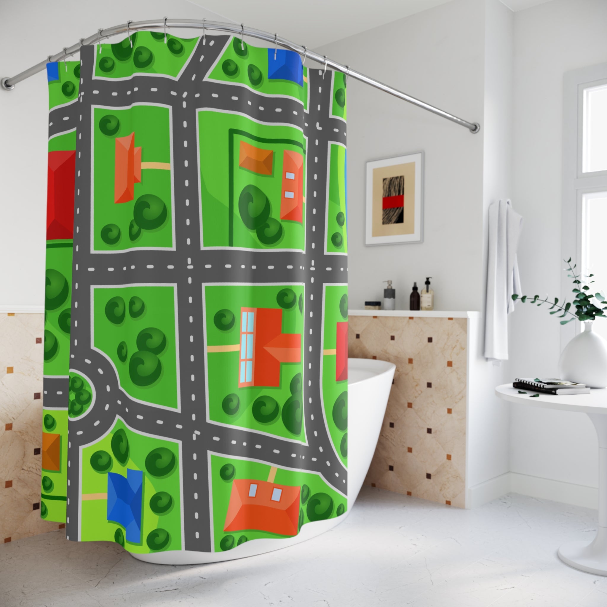 Playful Neighborhood Cartoonish Shower Curtains, Fun Bathroom Decor, Kids' Room Accessory, Gift for Housewarming, Bright & Colorful